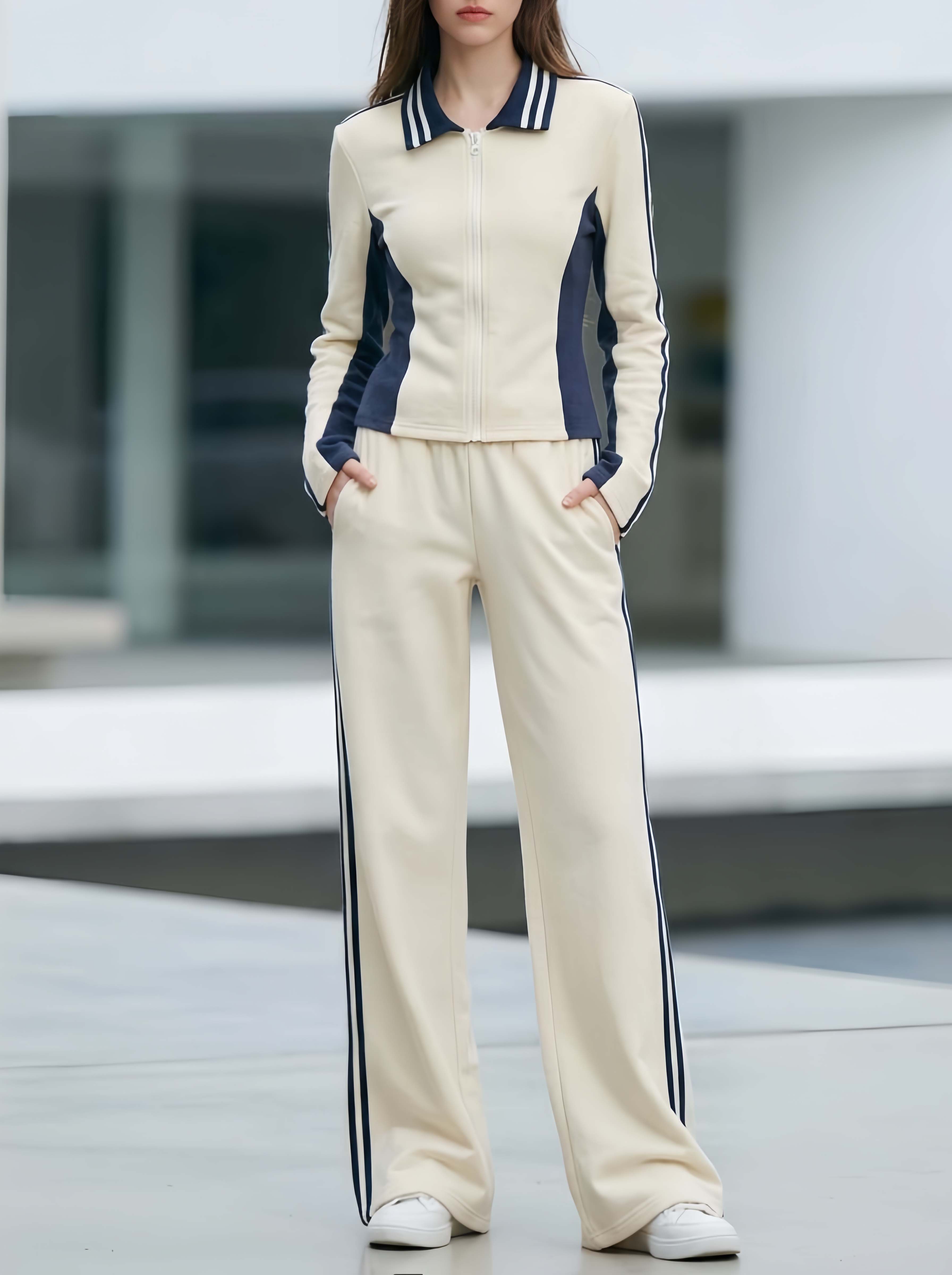 Sporty-chic Long-sleeve Top And Trousers Set In A Cream And Navy Color-block Design