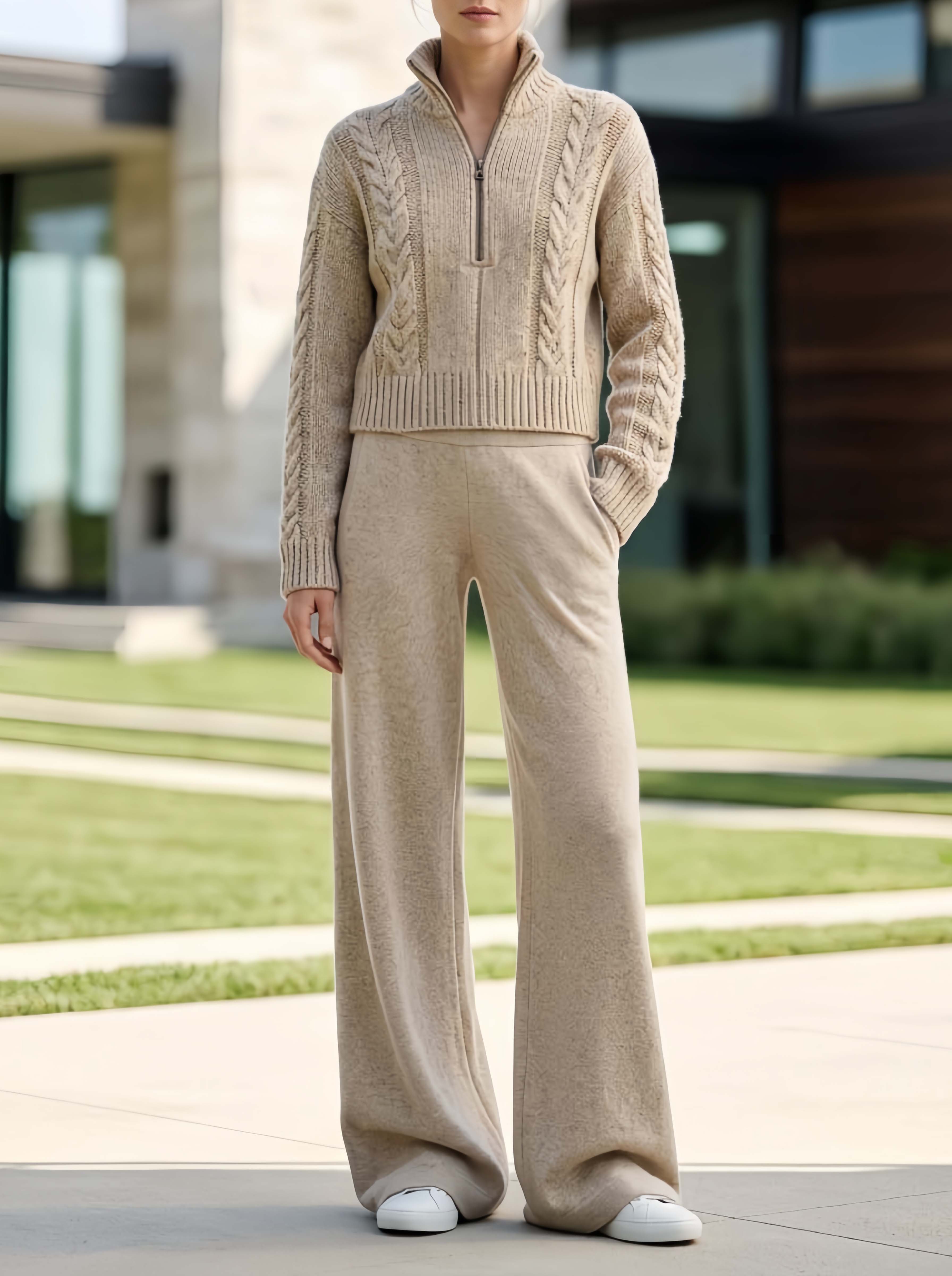 Chic And Casual Oatmeal Long-Sleeve Sweater And Knit Pants Set