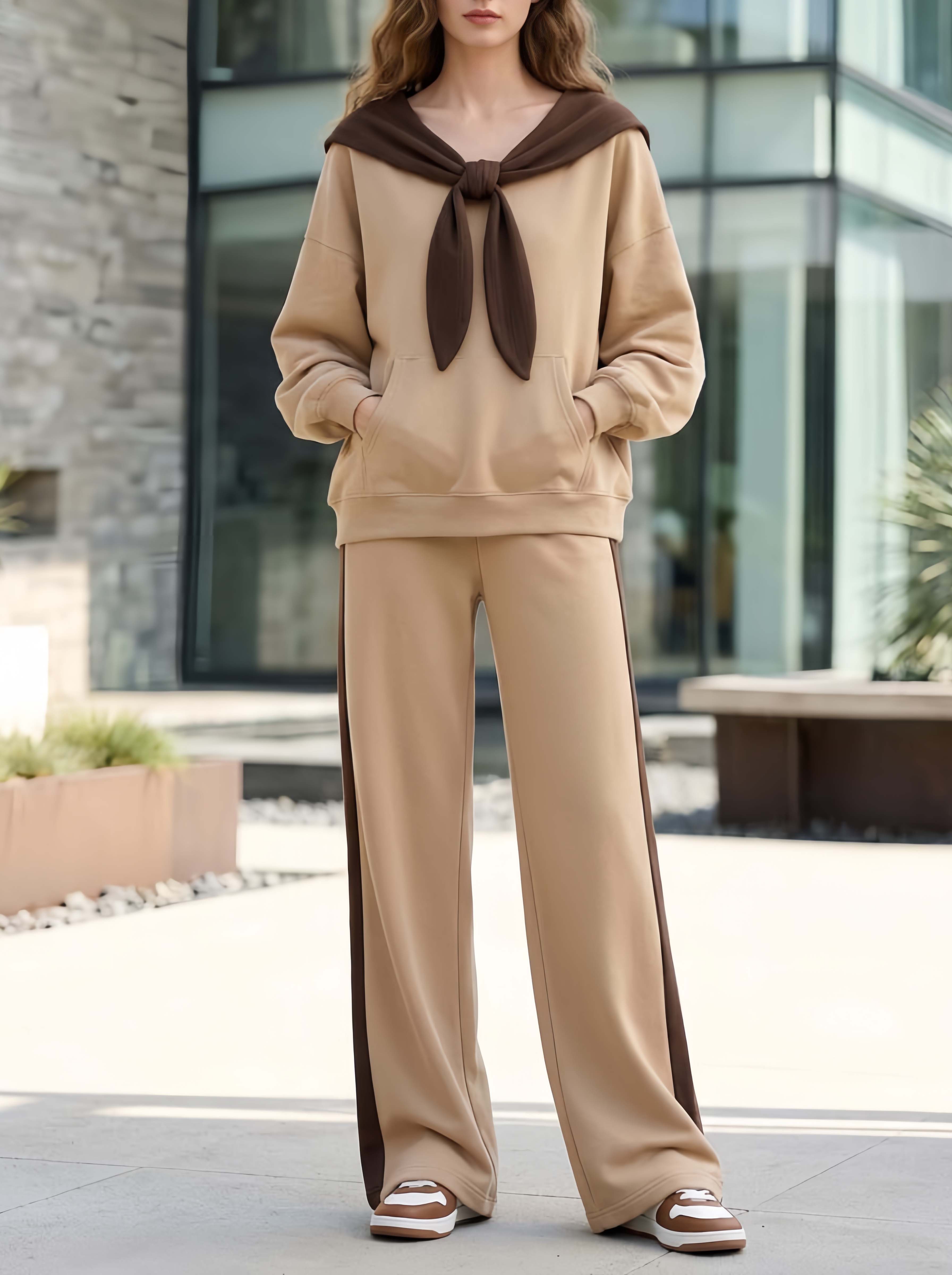 Stylish Casual Khaki And Brown Color-Block Long-Sleeve Top And Pants Set