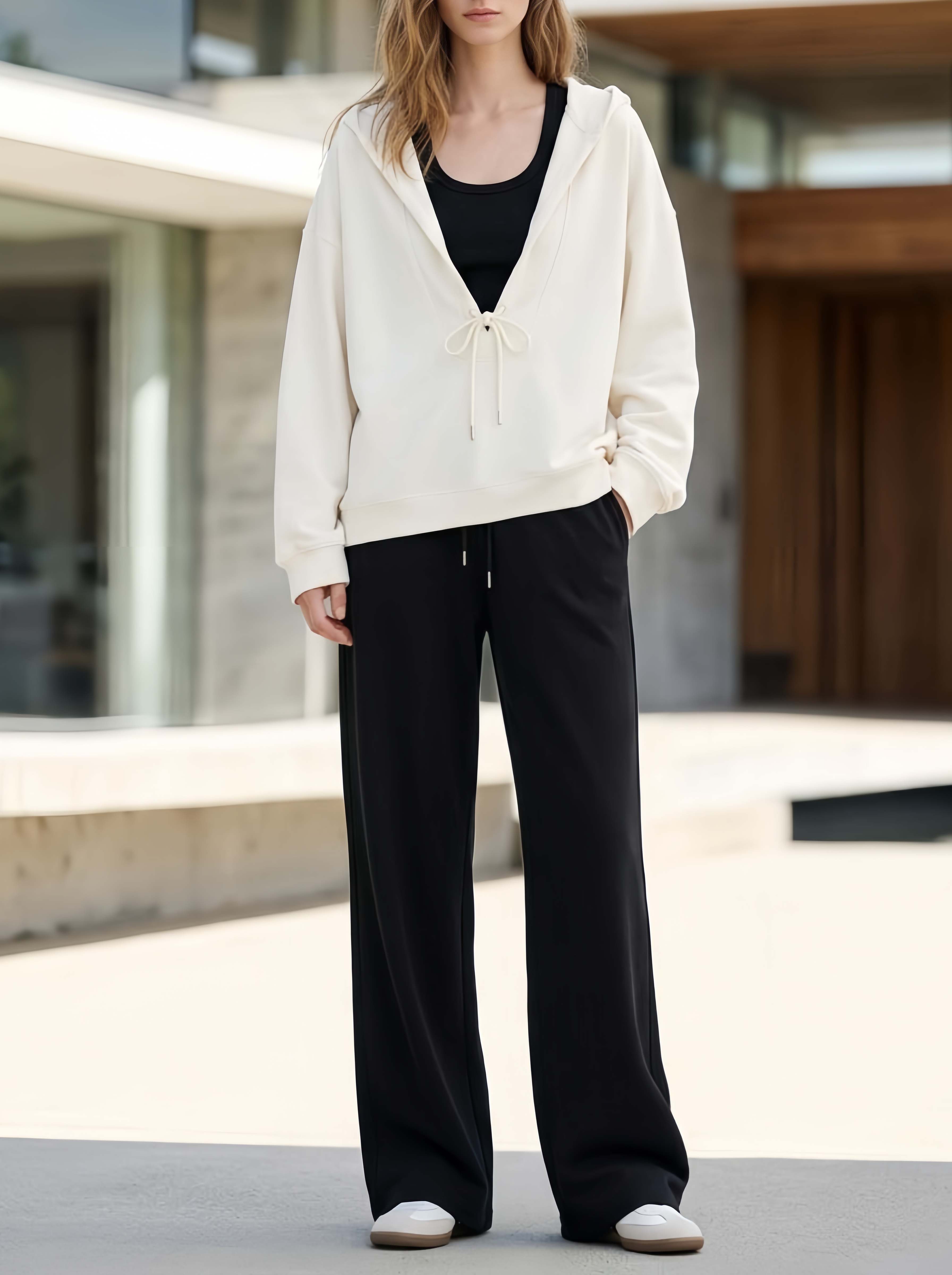 Minimalist Chic White Deep-neck Long-sleeve Hooded Top And Black Trousers Set