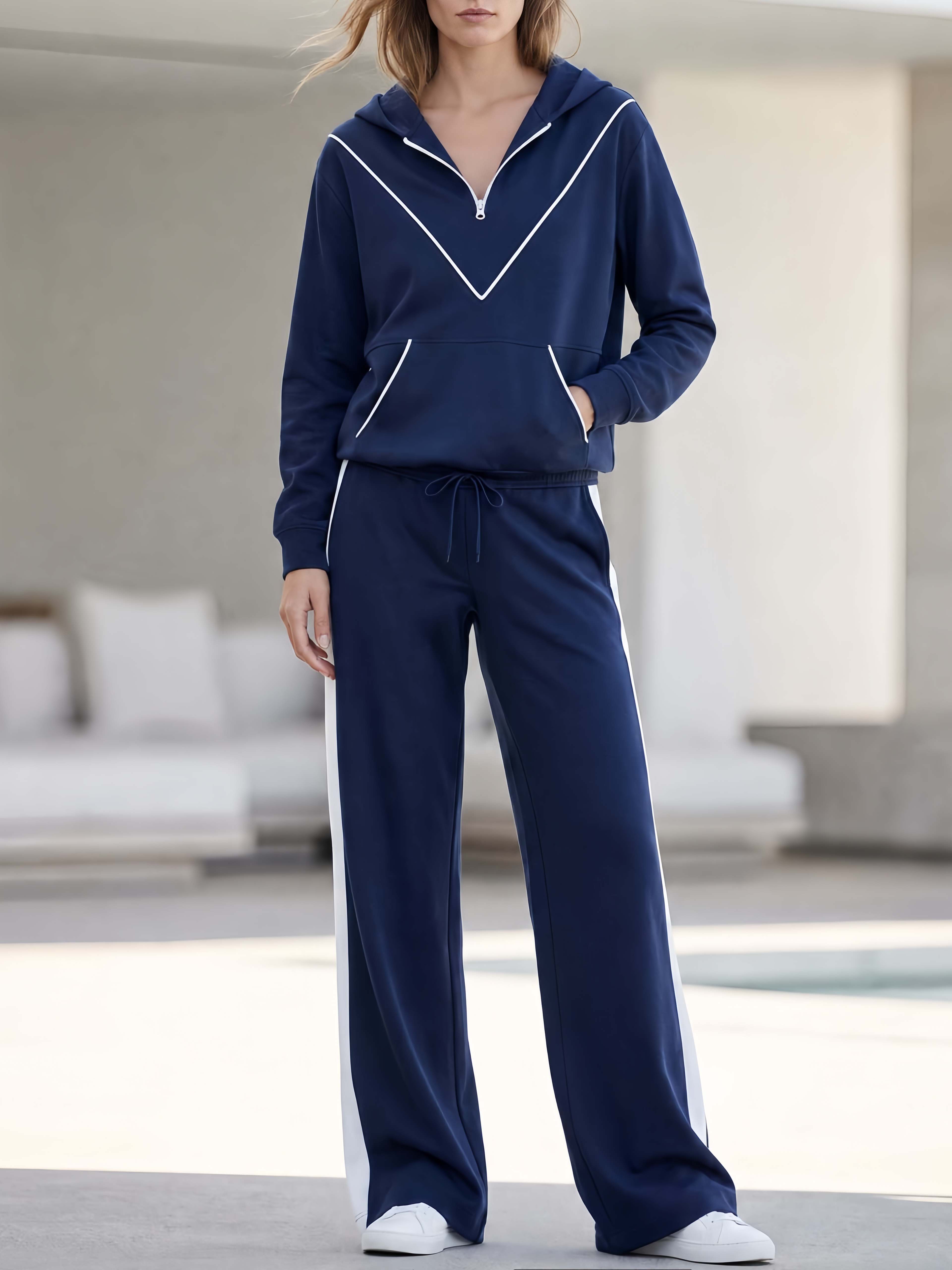 Stylish And Minimalist Navy Blue Long-sleeved Hooded Top And Trousers Set