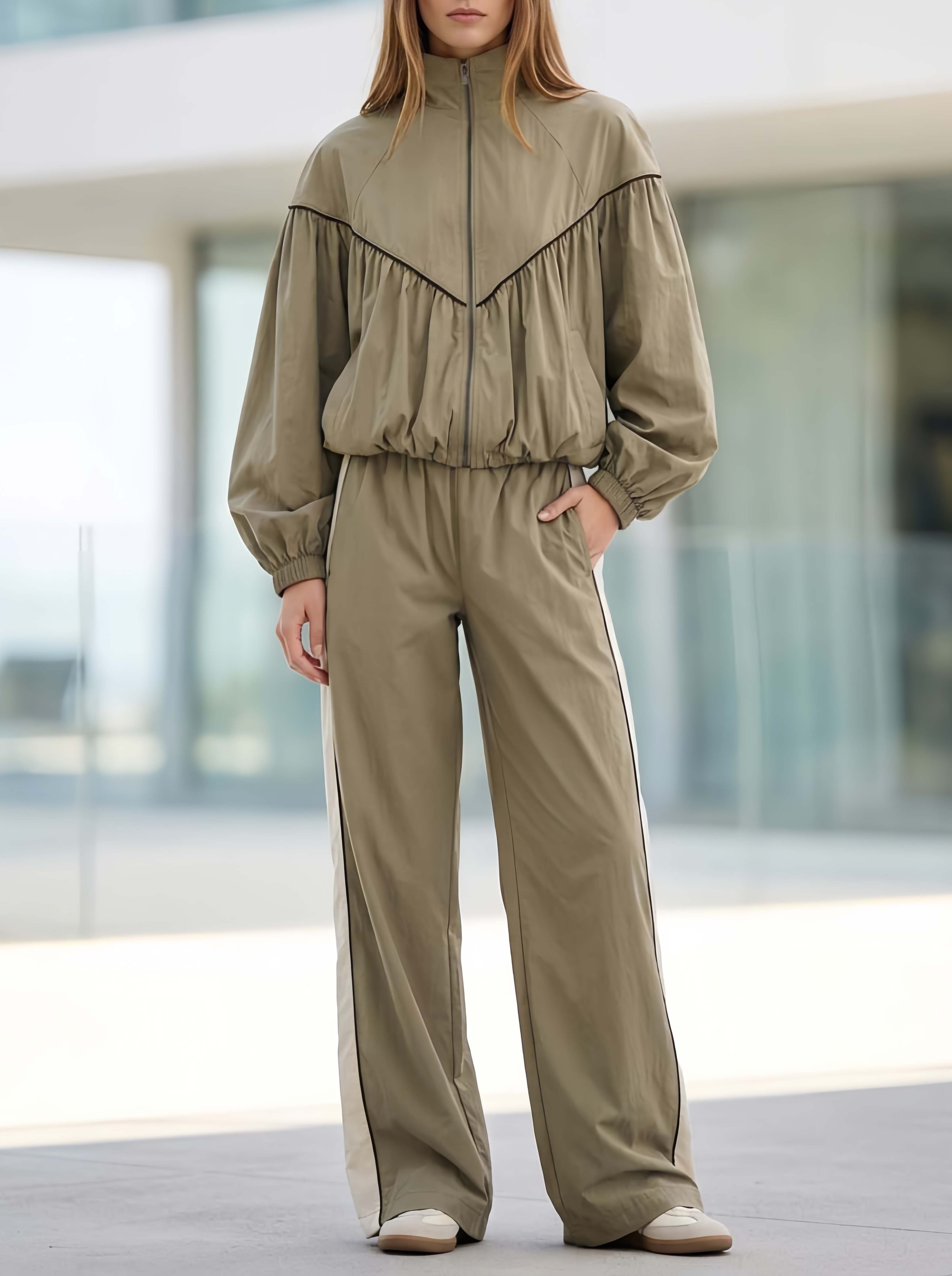 Casual-chic Khaki-green Long-sleeved Top And Trousers Set