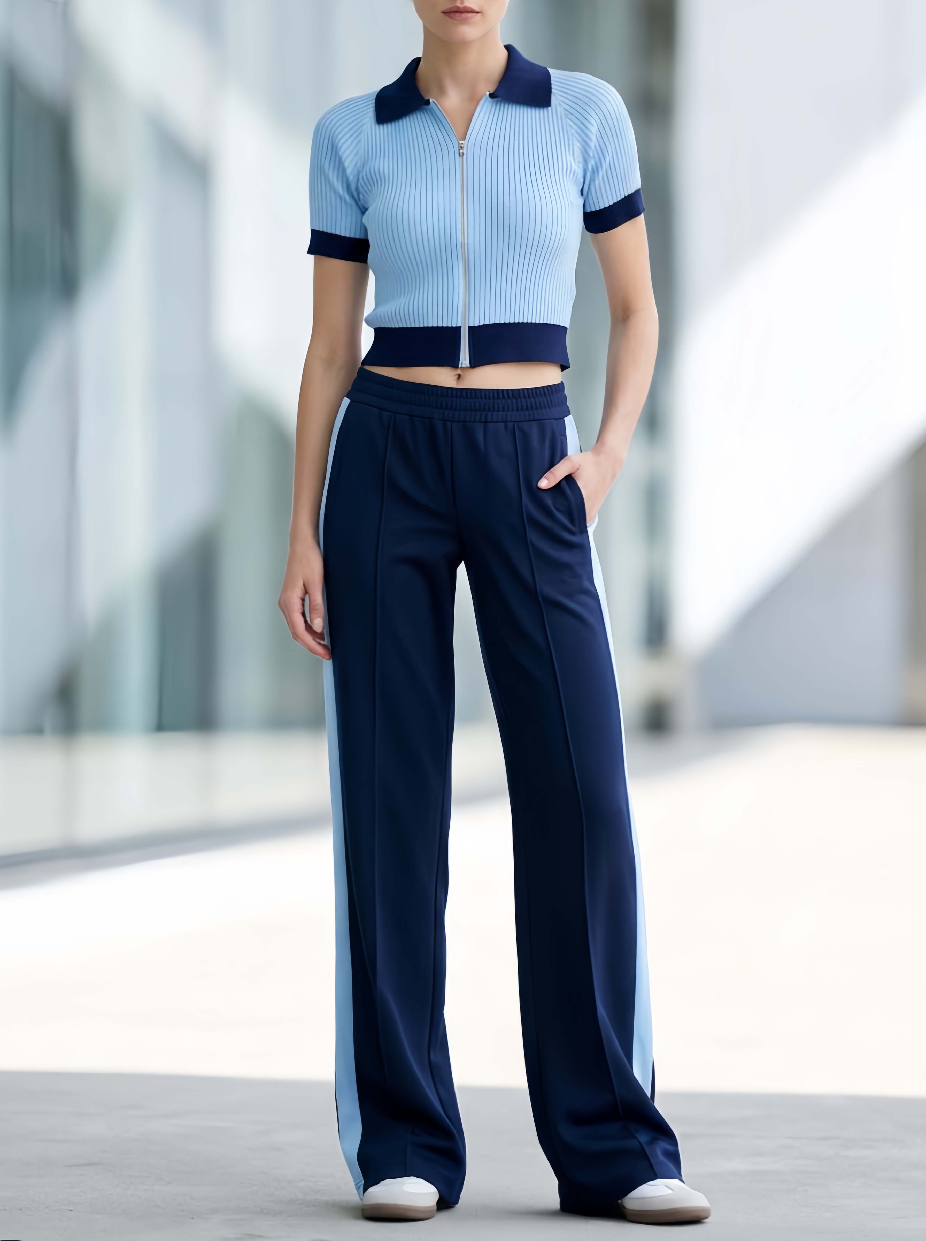 Stylish Smart-casual Matching Set Featuring A Short-sleeved Top And Trousers In A Light Blue And Navy Color-block Design