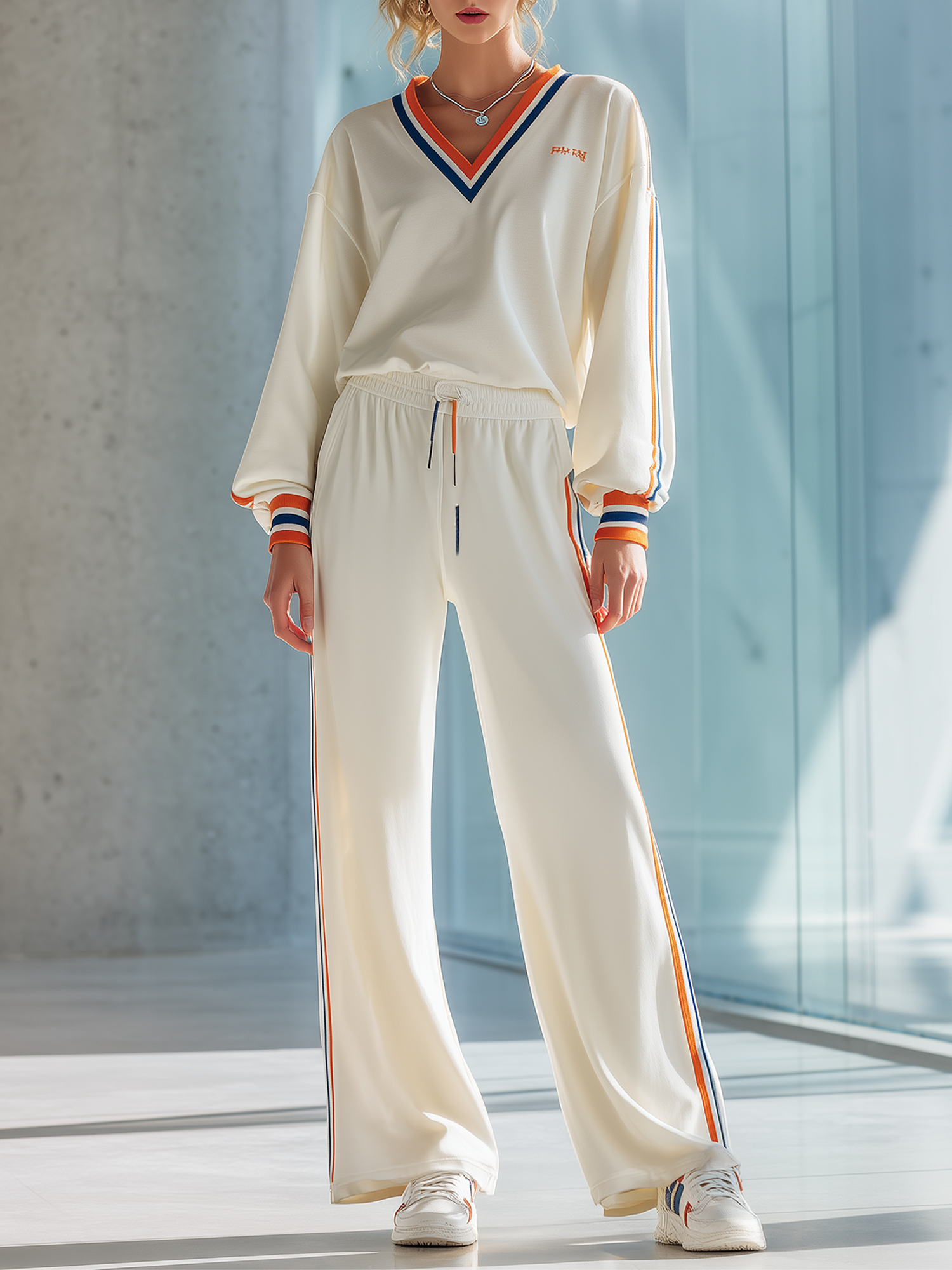 Off-White Striped V-Neck Sweatshirt & Wide-Leg Pants Set