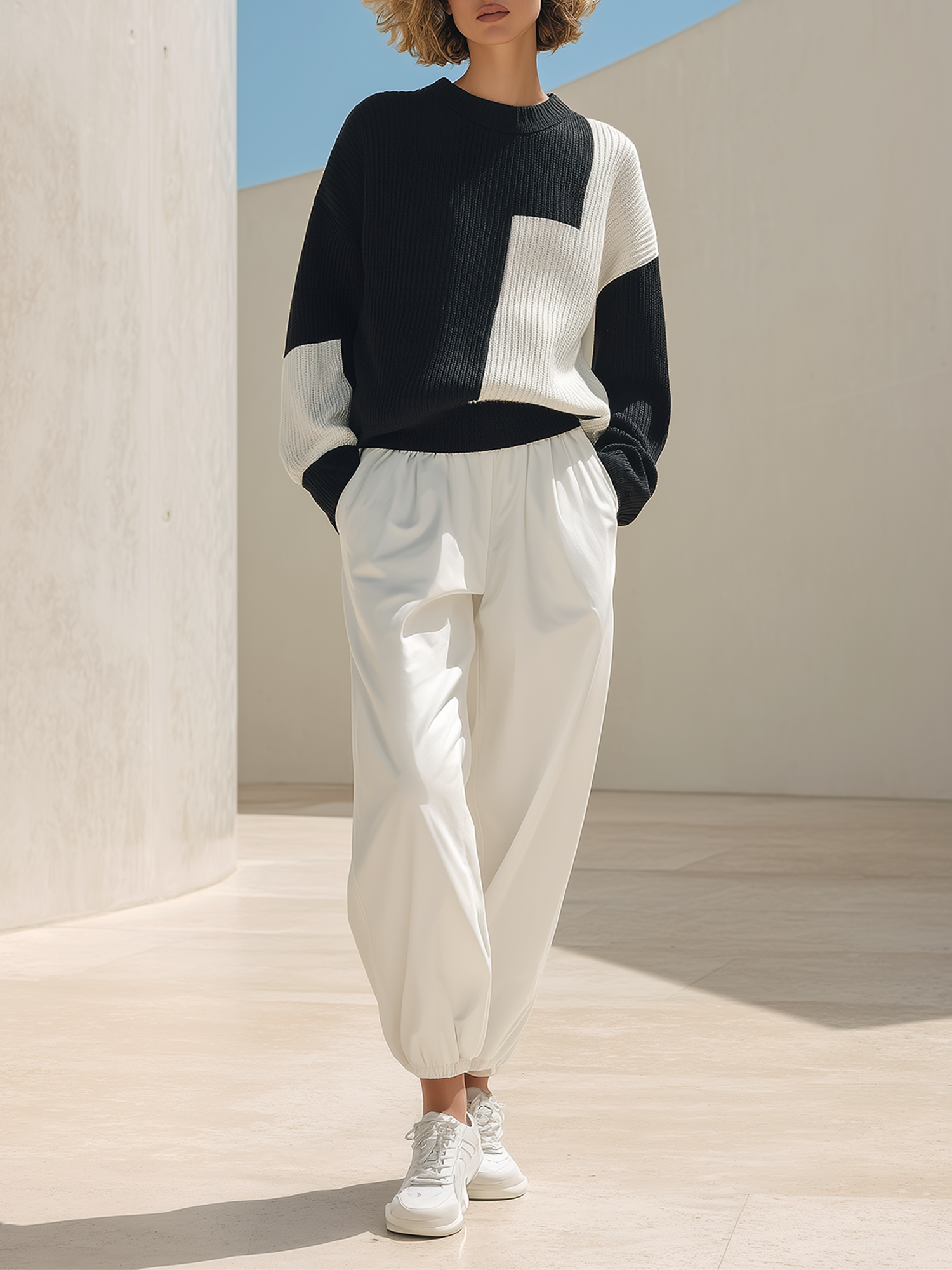 Black White Color Block Knit Crew Top & Jogger Pants Set