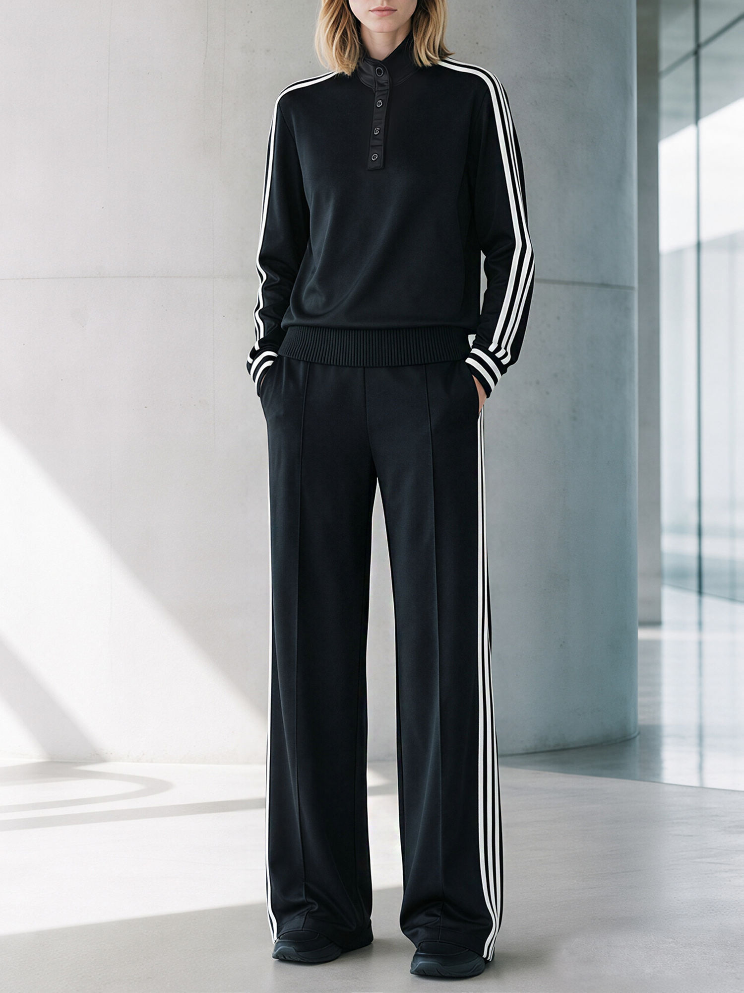 Black 3-Strip Button Stand Collar Top & Wide-Leg Pants Set