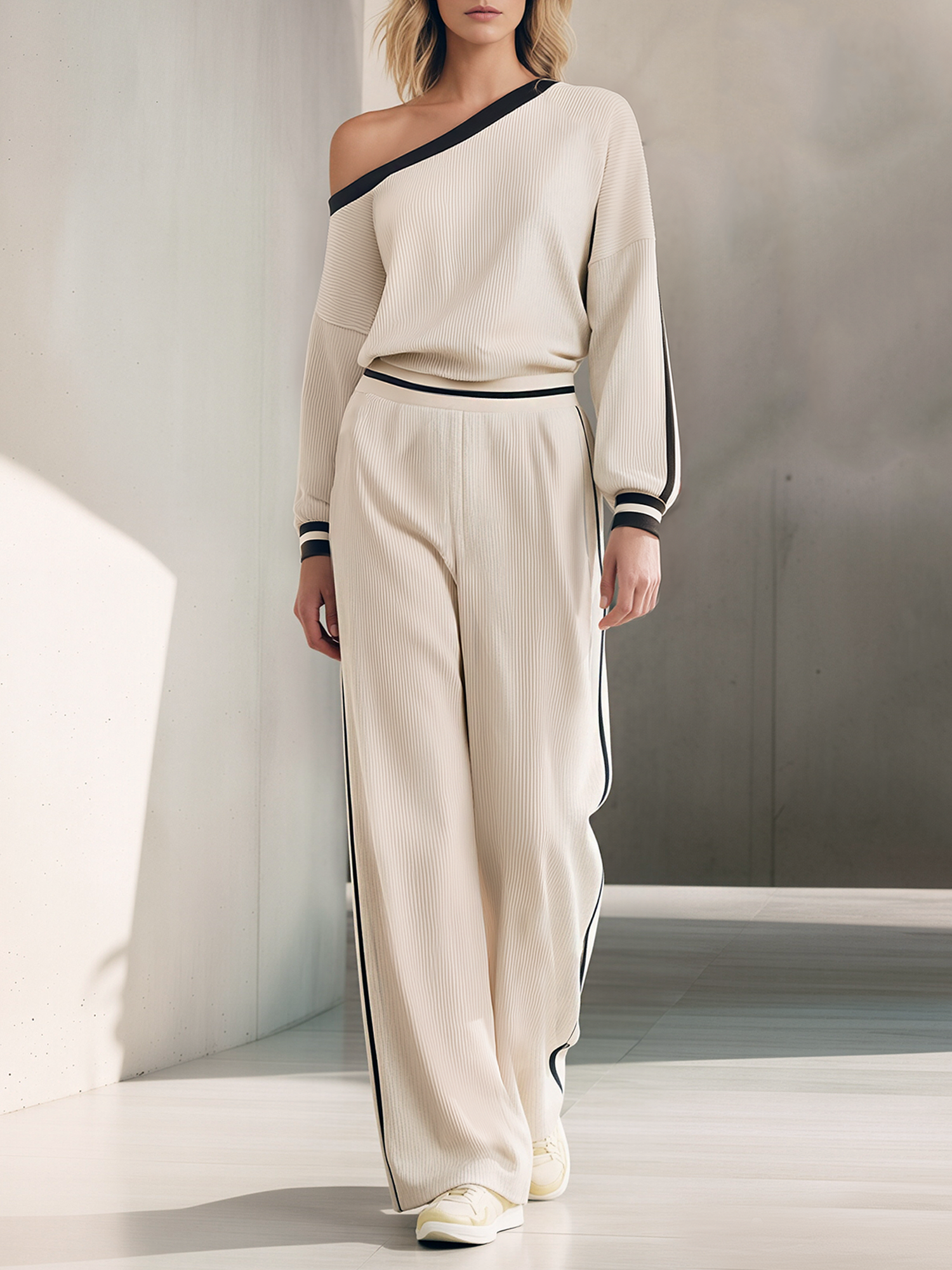 Off-White Ribbed One Shoulder Top & Side Stripe Wide-Leg Pants Set