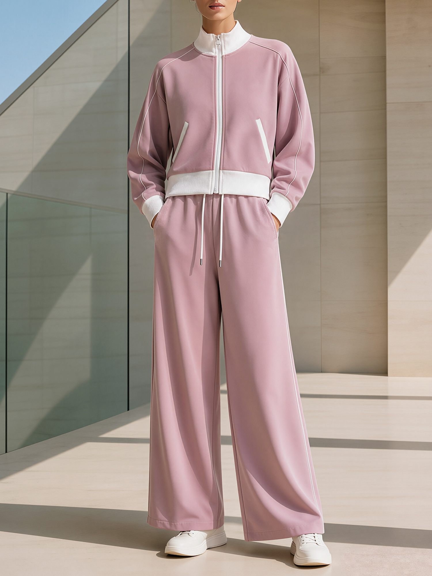 Pink White Contrast Zip Crop Jacket & Wide-Leg Pants Set
