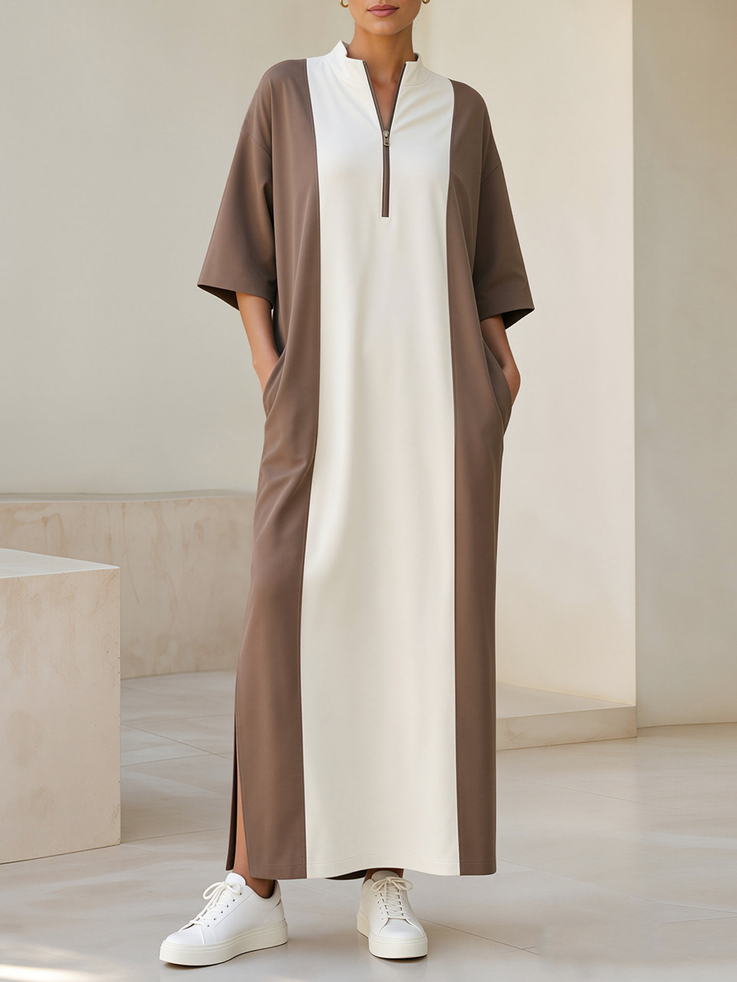 Brown White Color Block Half-Zip Stand Collar Maxi Dress