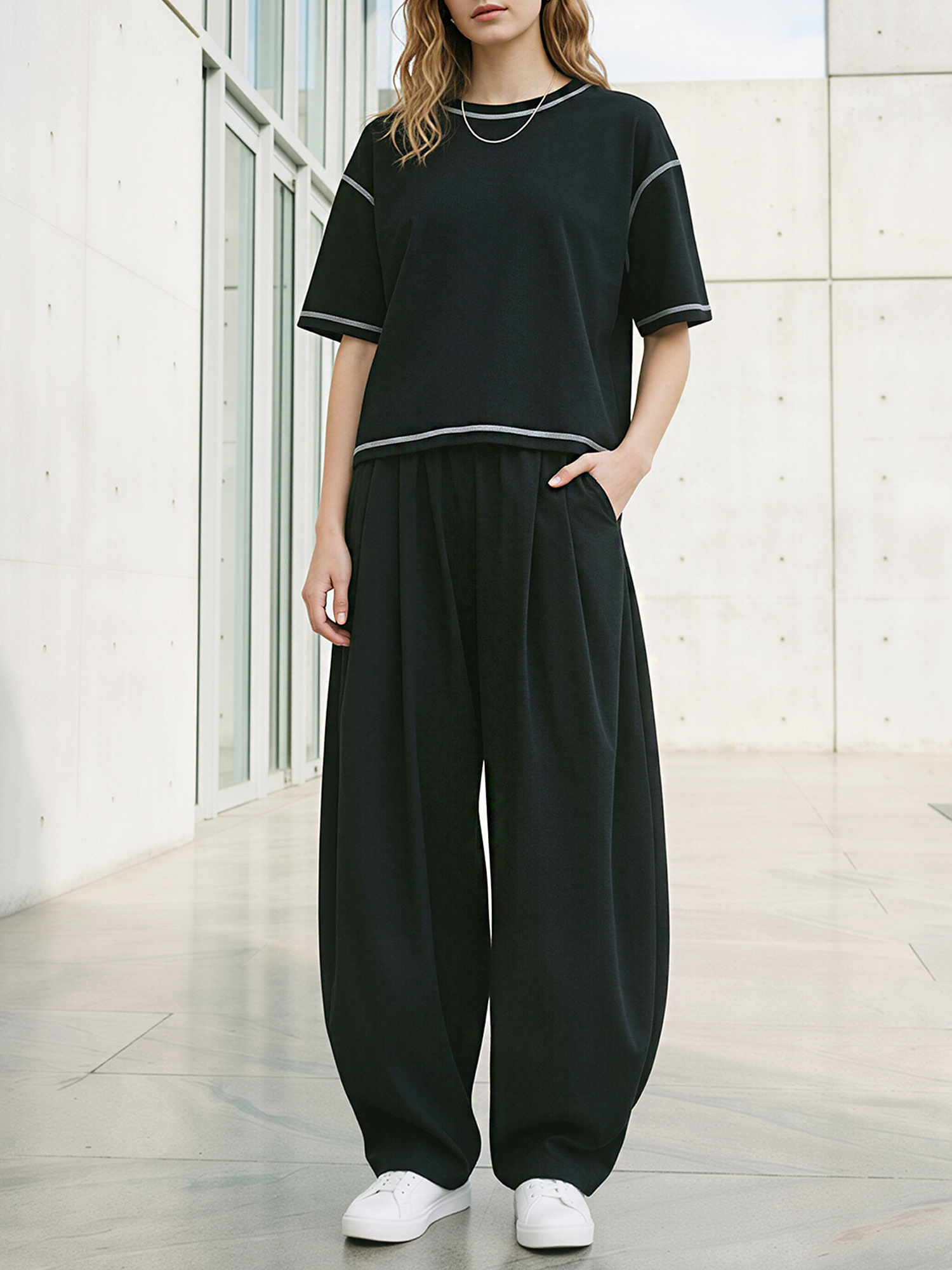 Black Contrast Stitch Crew Neck Tee & Balloon Pants Set
