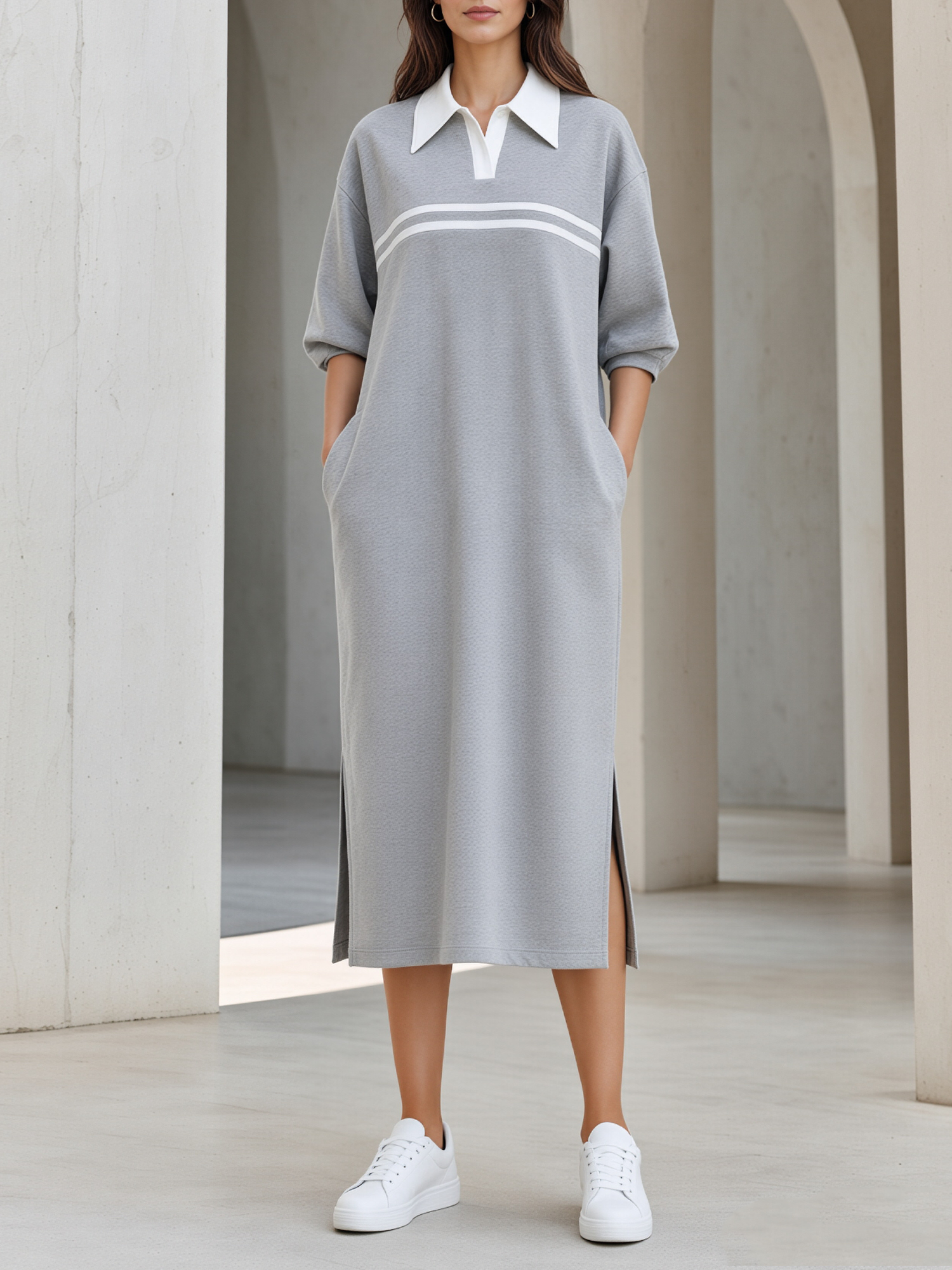 Light Grey Color-Block Striped Collared Polo Midi Sweatshirt Dress