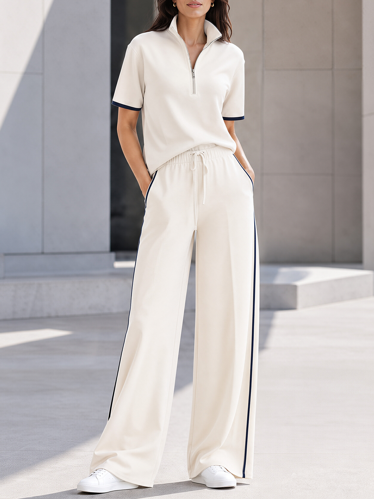 Off-white Short-sleeved Half-zip Top With Contrasting Piping And Side-stripe Wide-leg Pants Set