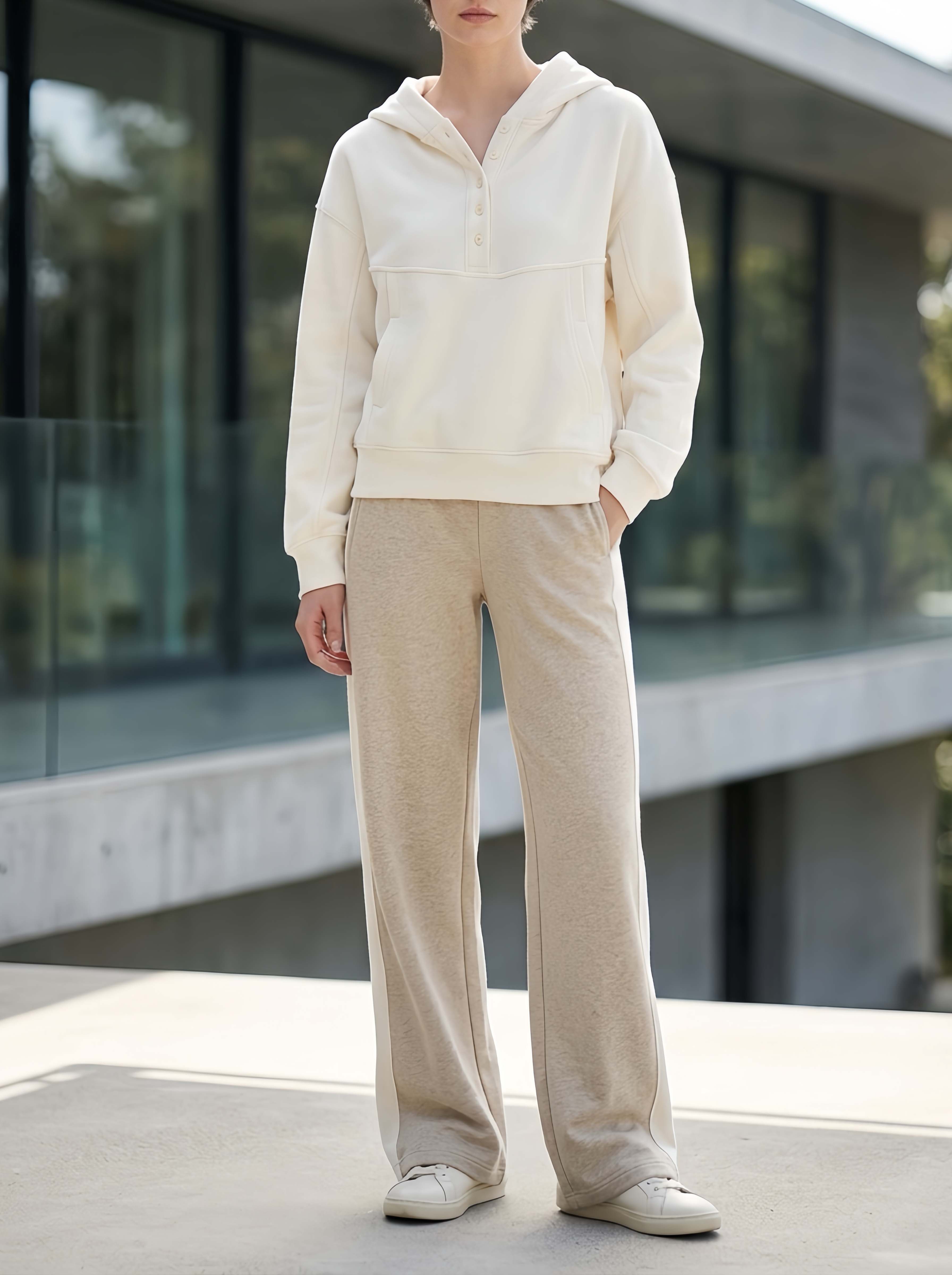 Casual Minimalist Off-white Long-sleeve Hooded Top And Color-block Trousers Set