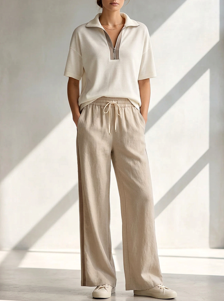 Beige Collared Half-Placket Top And Drawstring Linen Pants Set