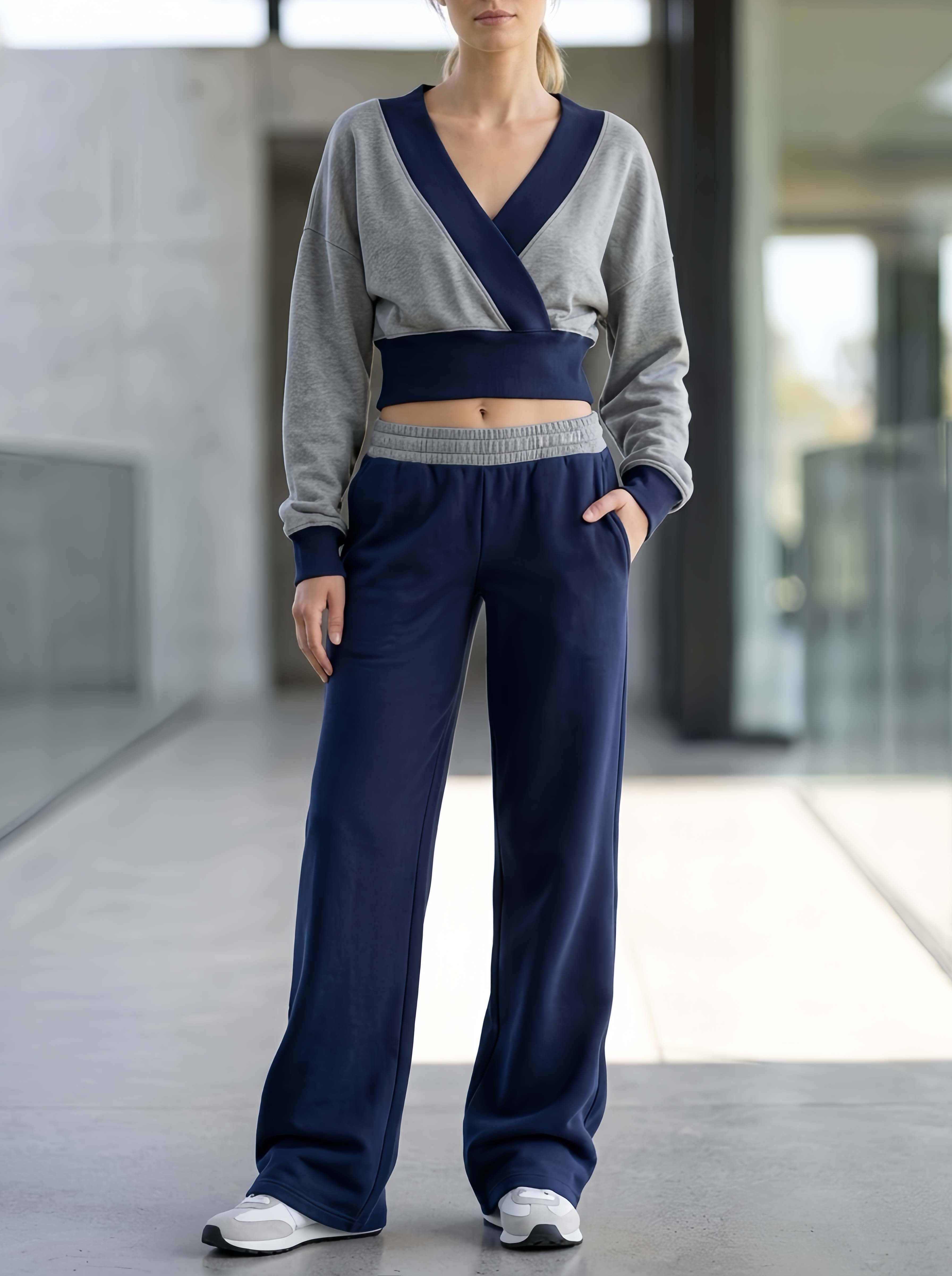 Stylish Casual Cropped V-neck Top And Trousers Set In A Grey And Navy Color-block Design