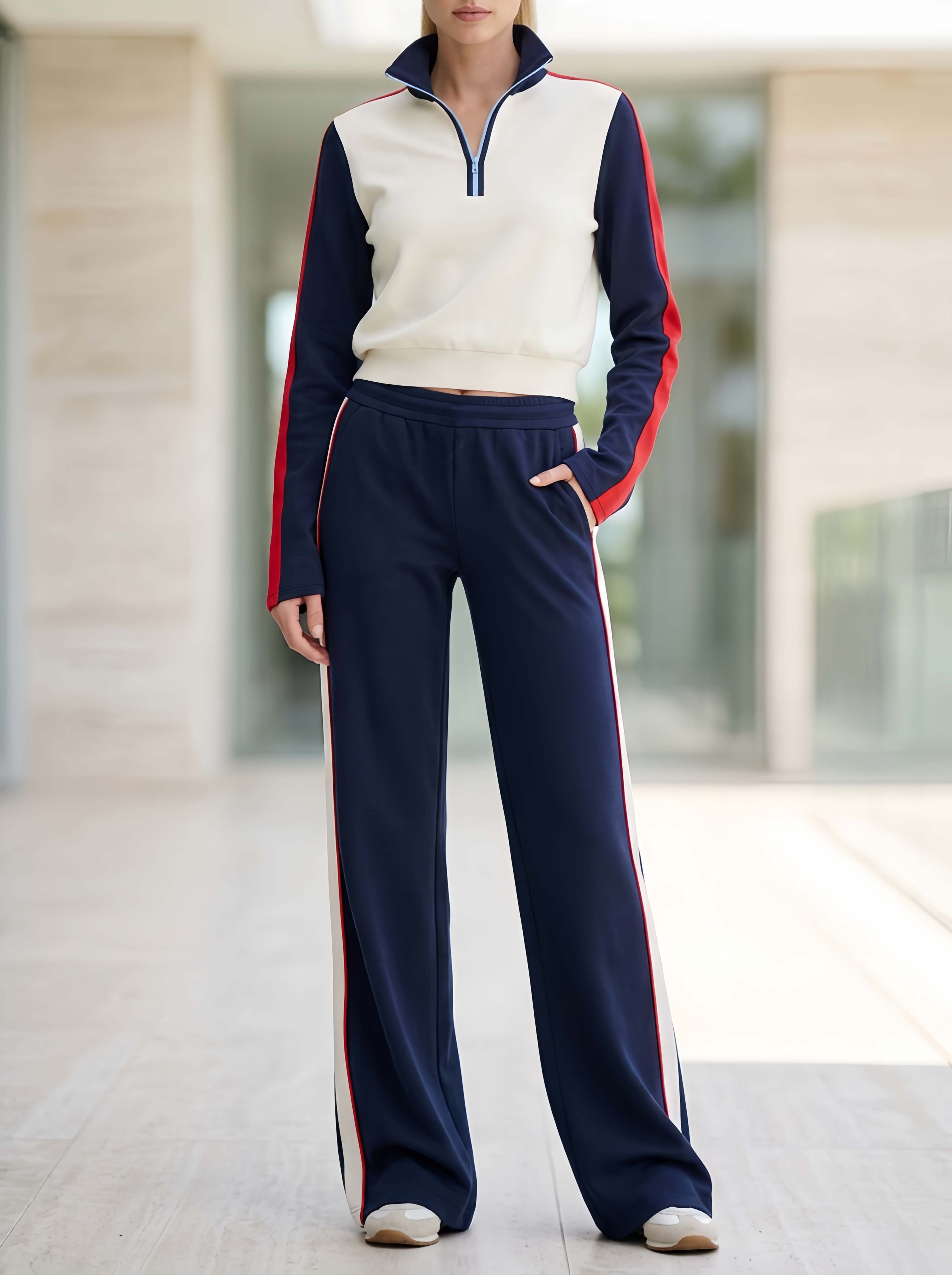 Stylish Workwear Set: Off-White Color-Block Long-Sleeve Top And Navy Trousers