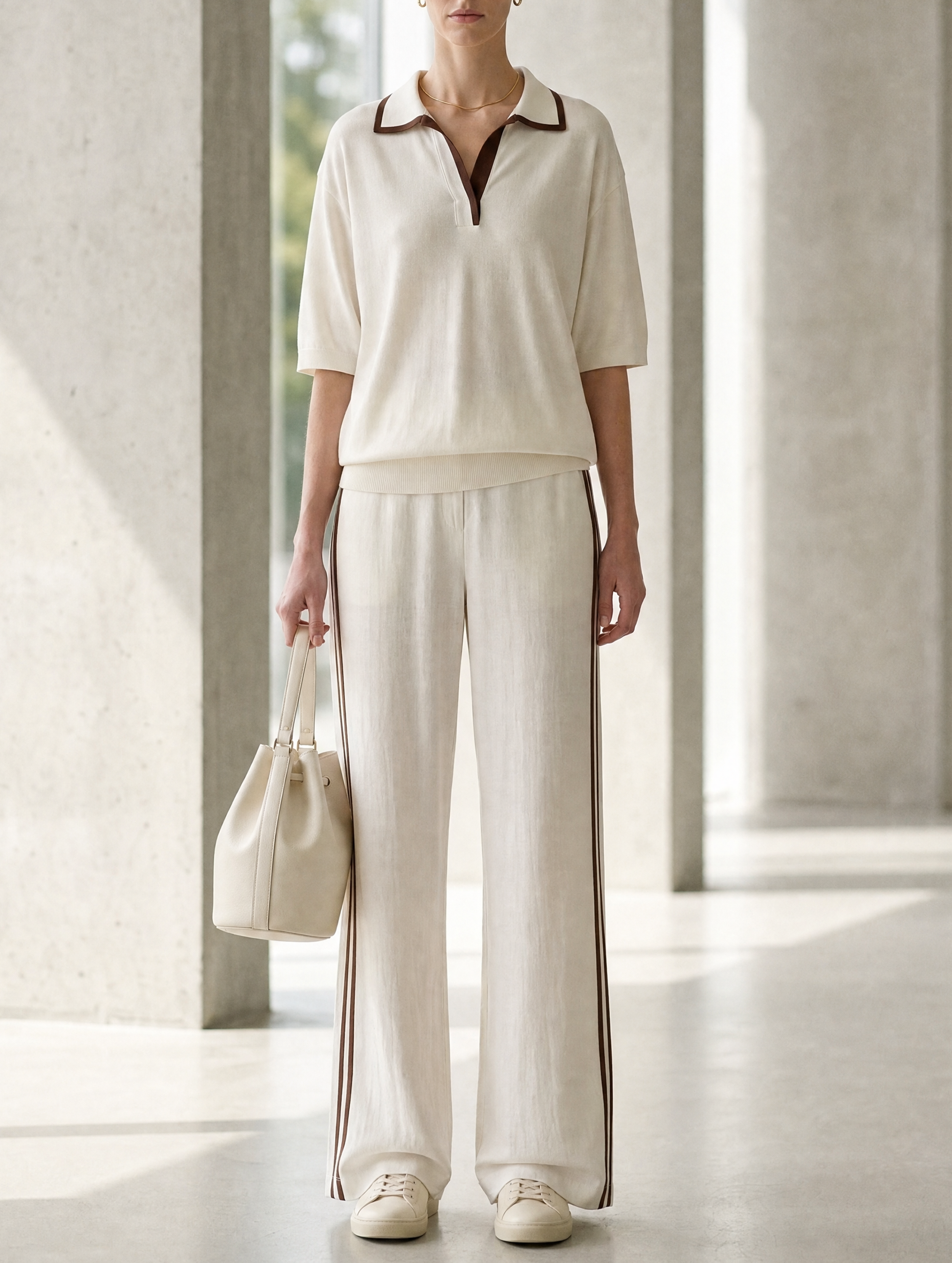 Off-white Knit Polo Shirt And Wide-leg Linen Trousers Set