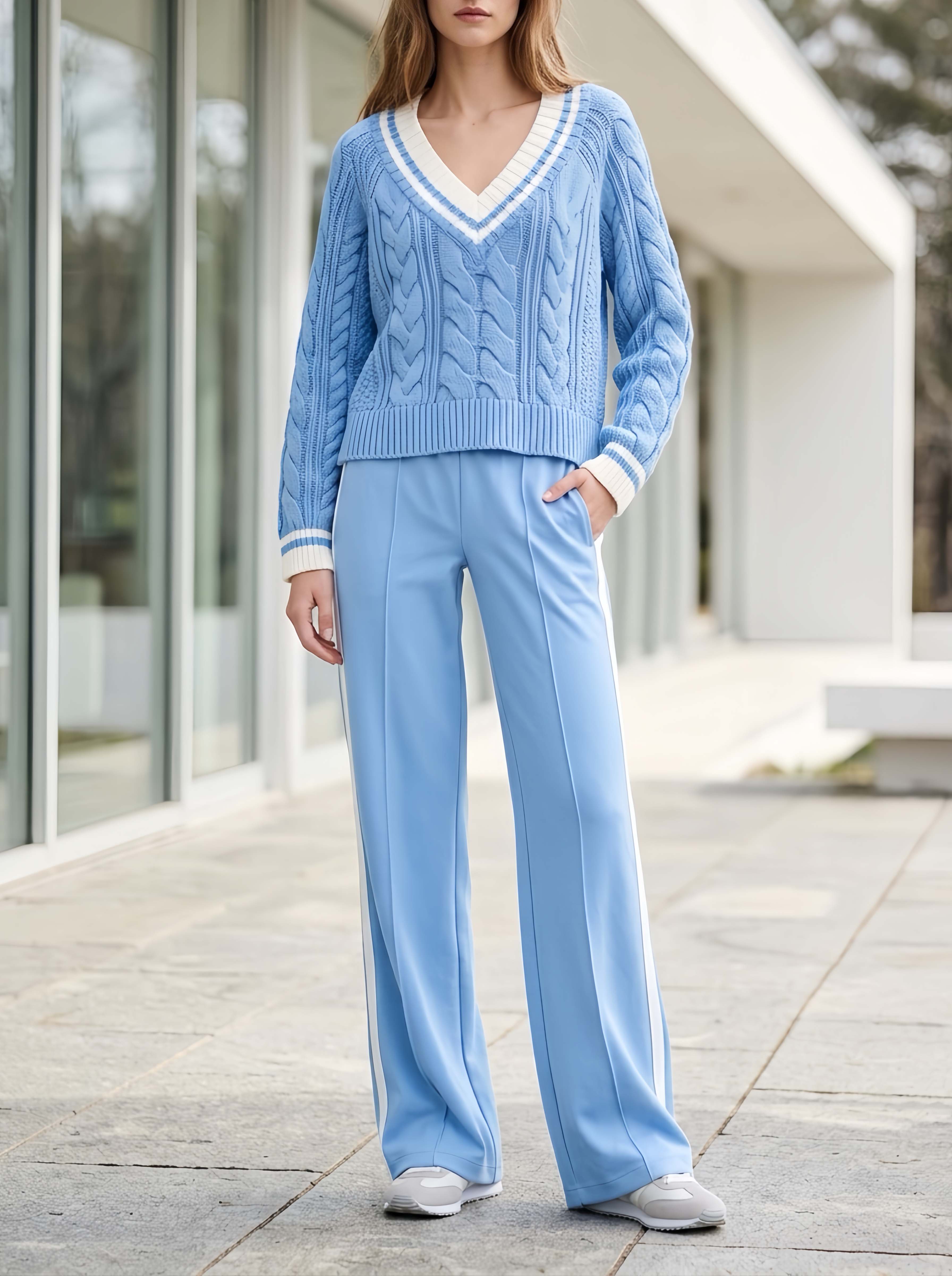 Stylish Casual Blue-and-White Color-Block V-Neck Sweater And Pants Set