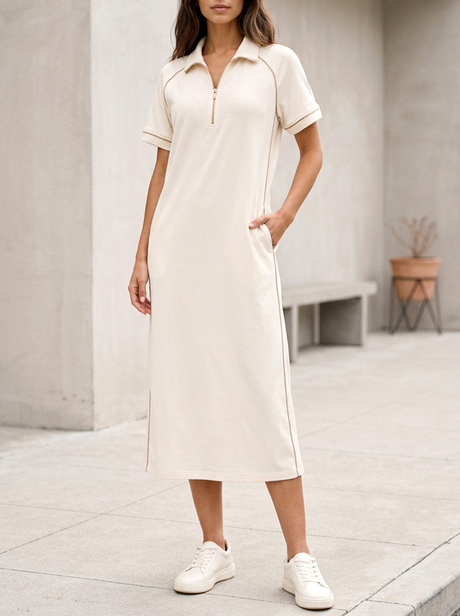 Off-white Long Casual T-shirt Dress With A Half-zip