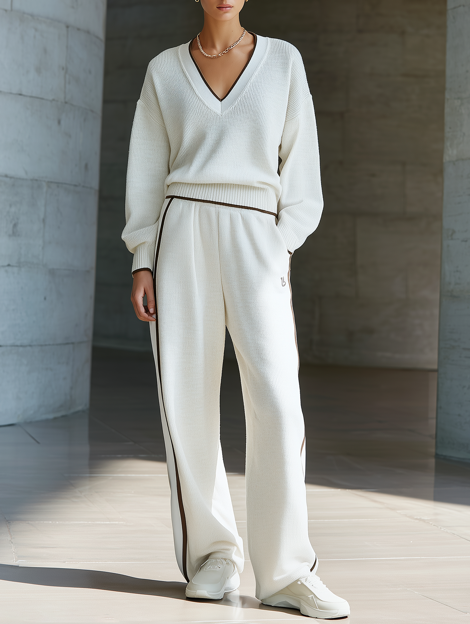 Off-white V-neck Ribbed Knit Top And Wide-leg Trousers Set
