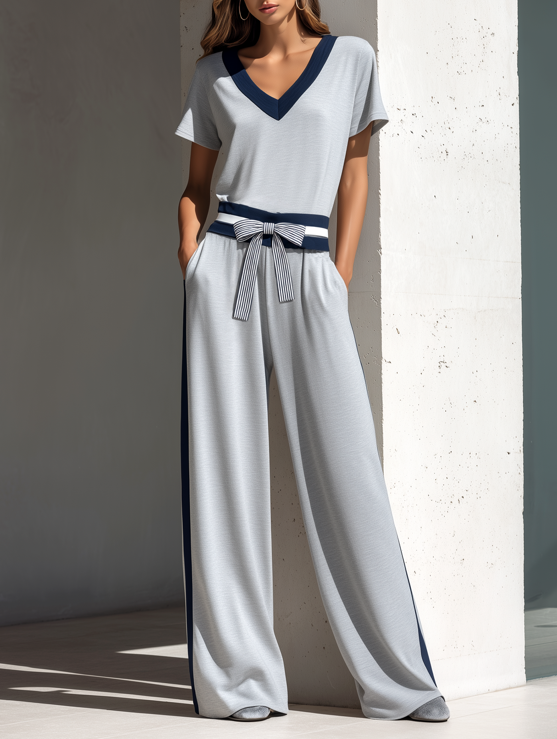 Light Grey Color-Block V-Neck Top And Bow-Detail Wide-Leg Pants Set