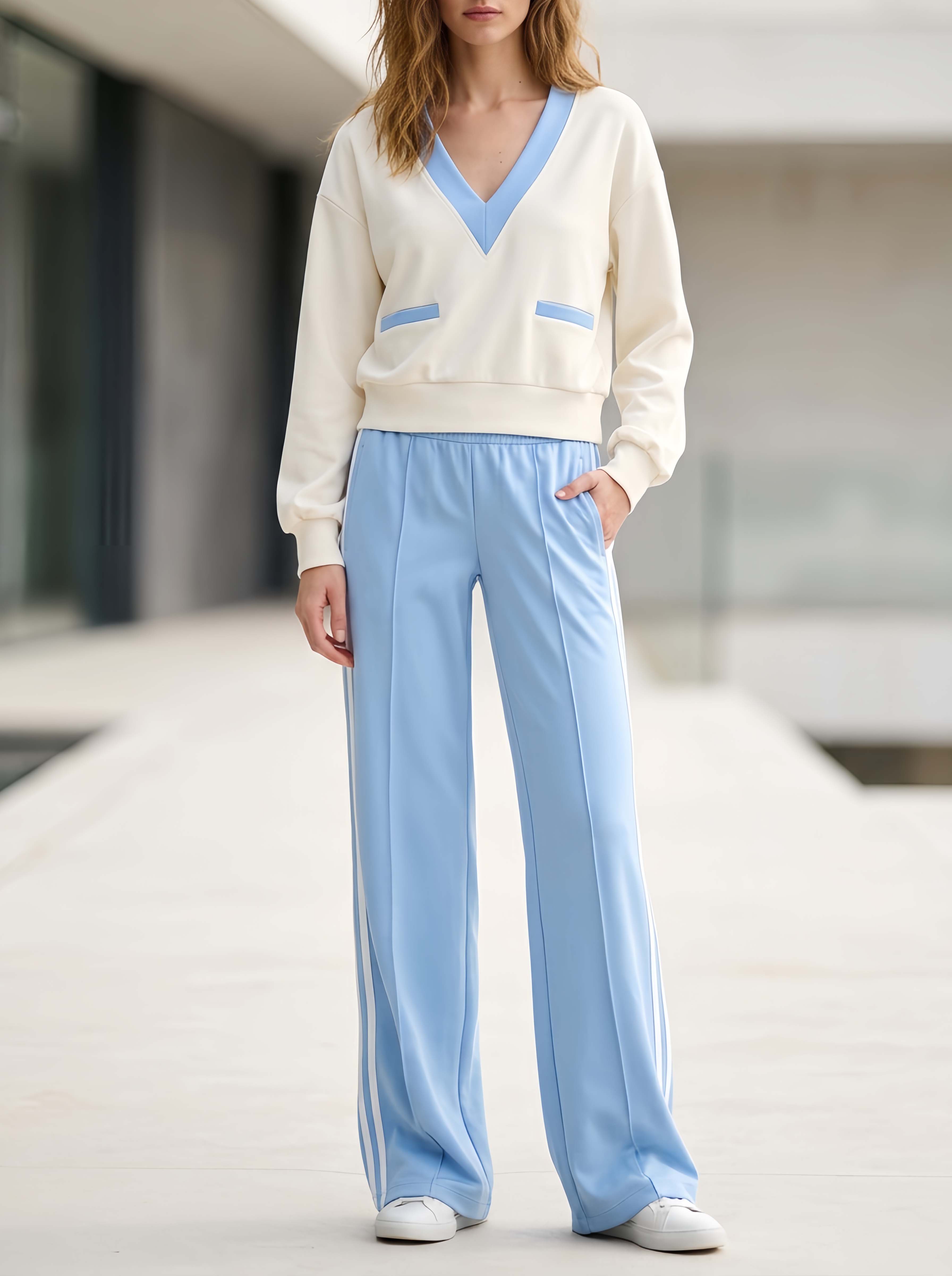 Stylish Casual V-Neck Blue & White Color-Block Top And Pants Set With Faux Pockets
