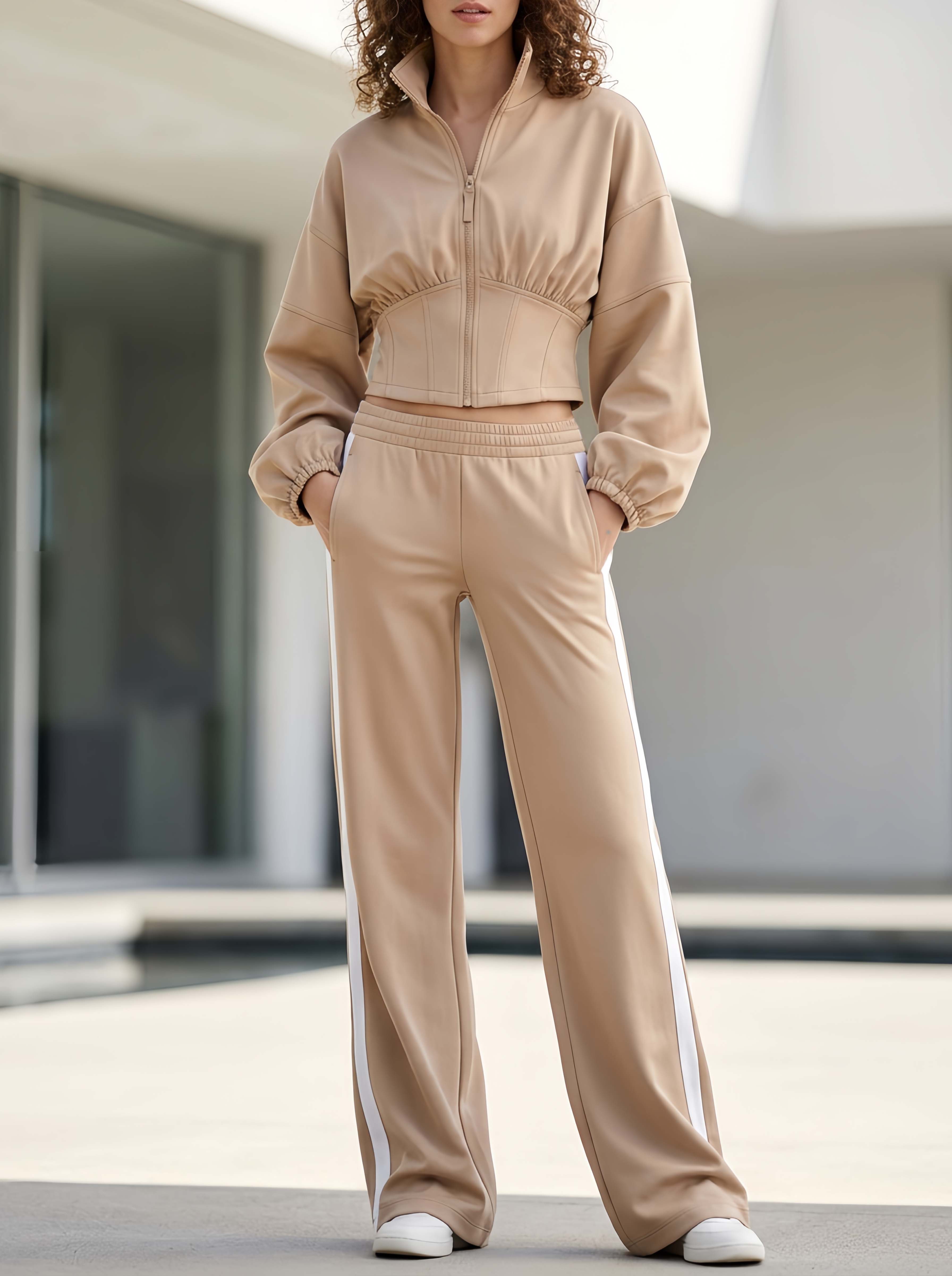 Stylish Casual Khaki Long-Sleeve Jacket And Trousers Set With Cinched Waist