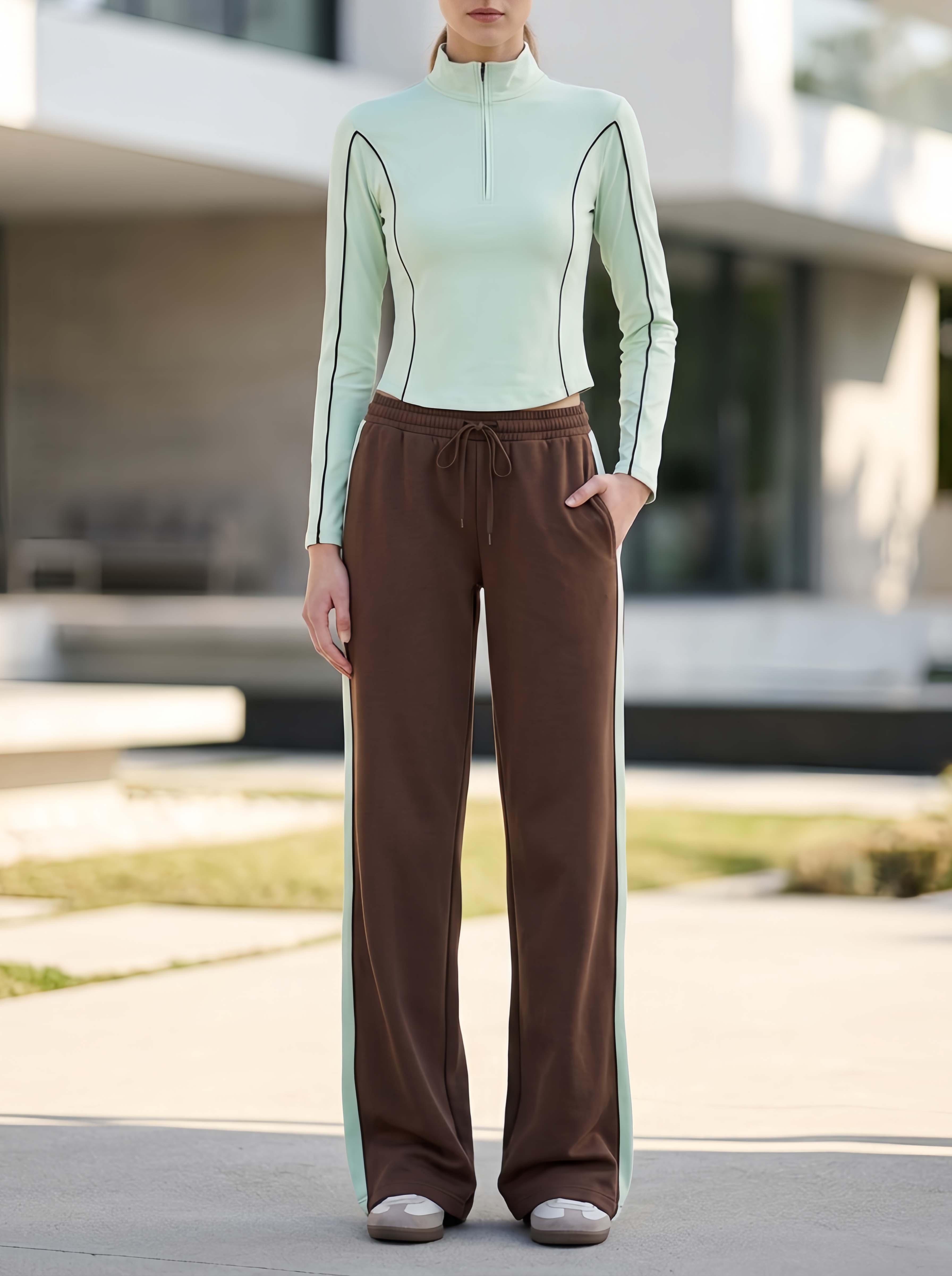 Stylish Sporty Green Long-sleeve Mock-neck Top And Brown Color-block Pants Set