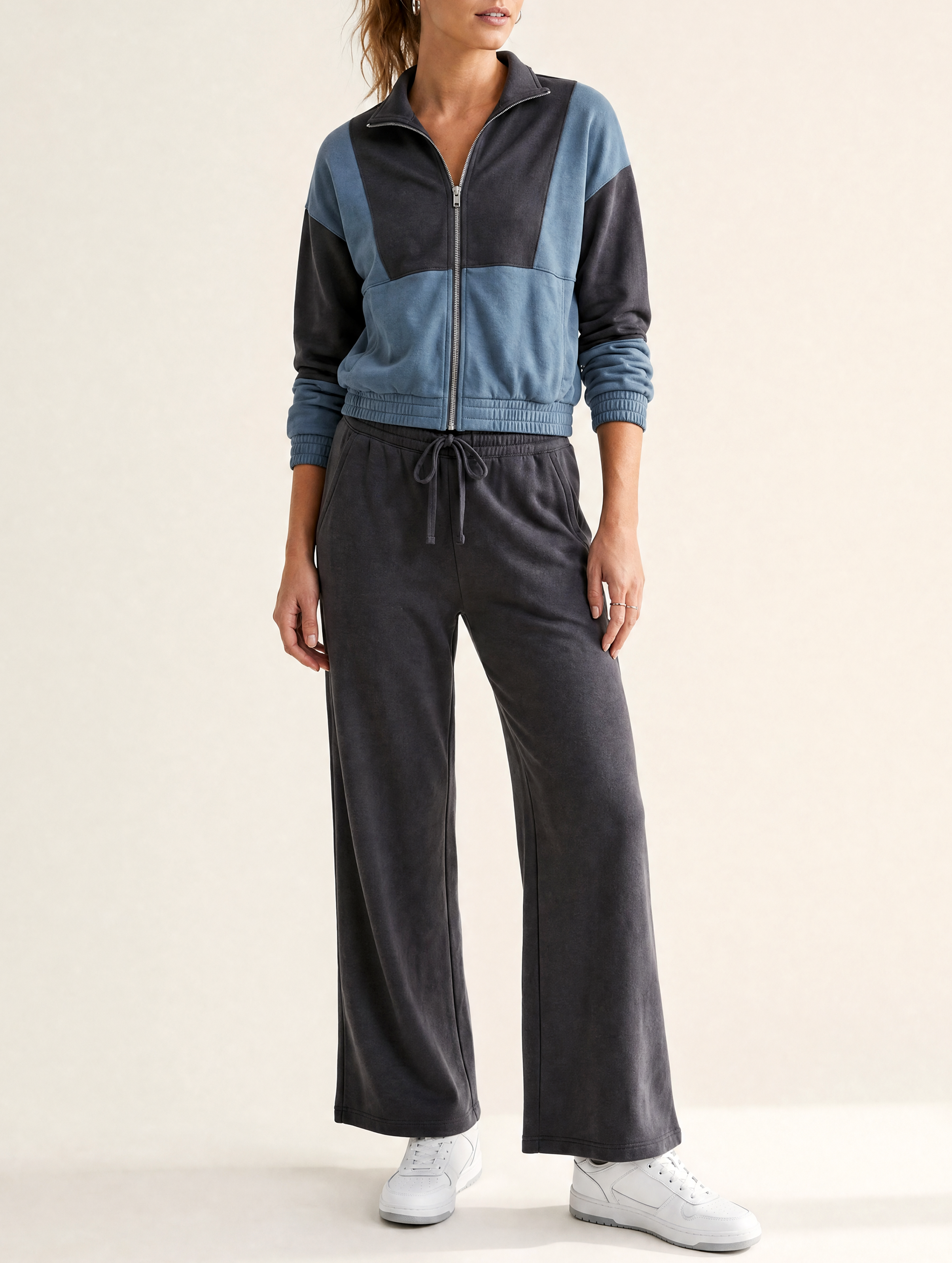 Color-blocked Misty Blue And Grey Athleisure Set