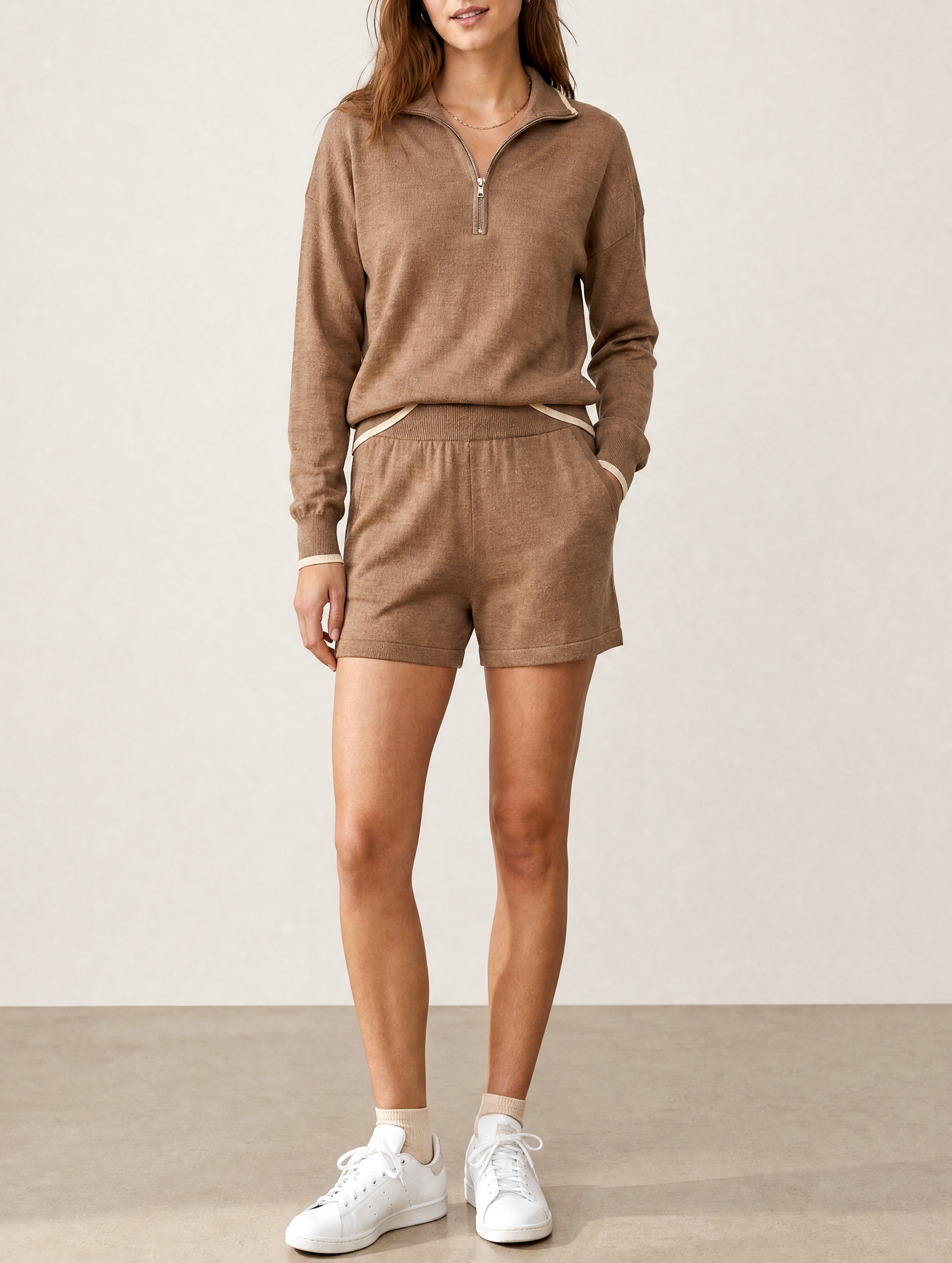 Minimalist Lapel Long-Sleeve Pocket Knit Top And Shorts Set