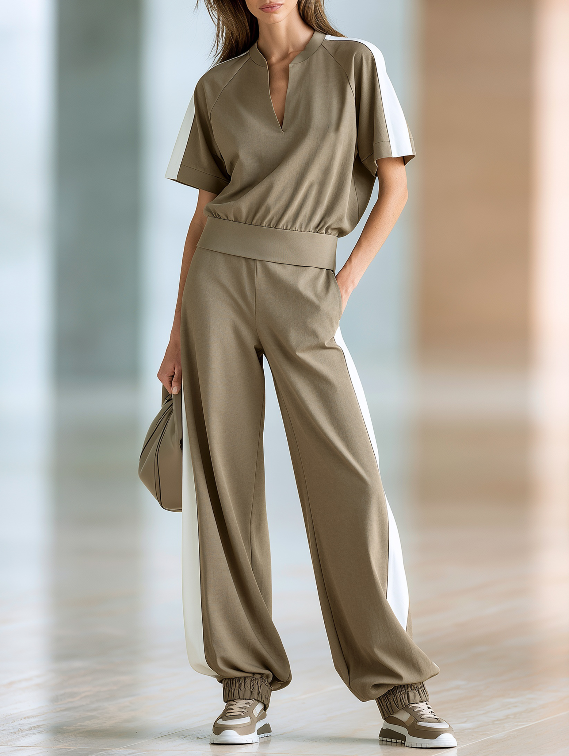 Khaki Short-Sleeve Top With Small V-Neck And Jogger Pants Set