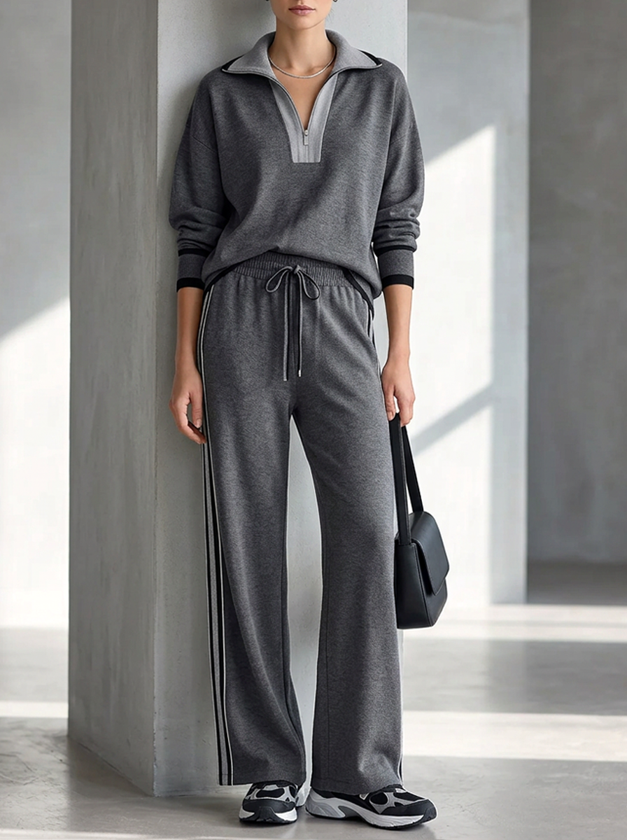 Grey Long-sleeved Set With A Partial-button Lapel And Wide-leg Trousers