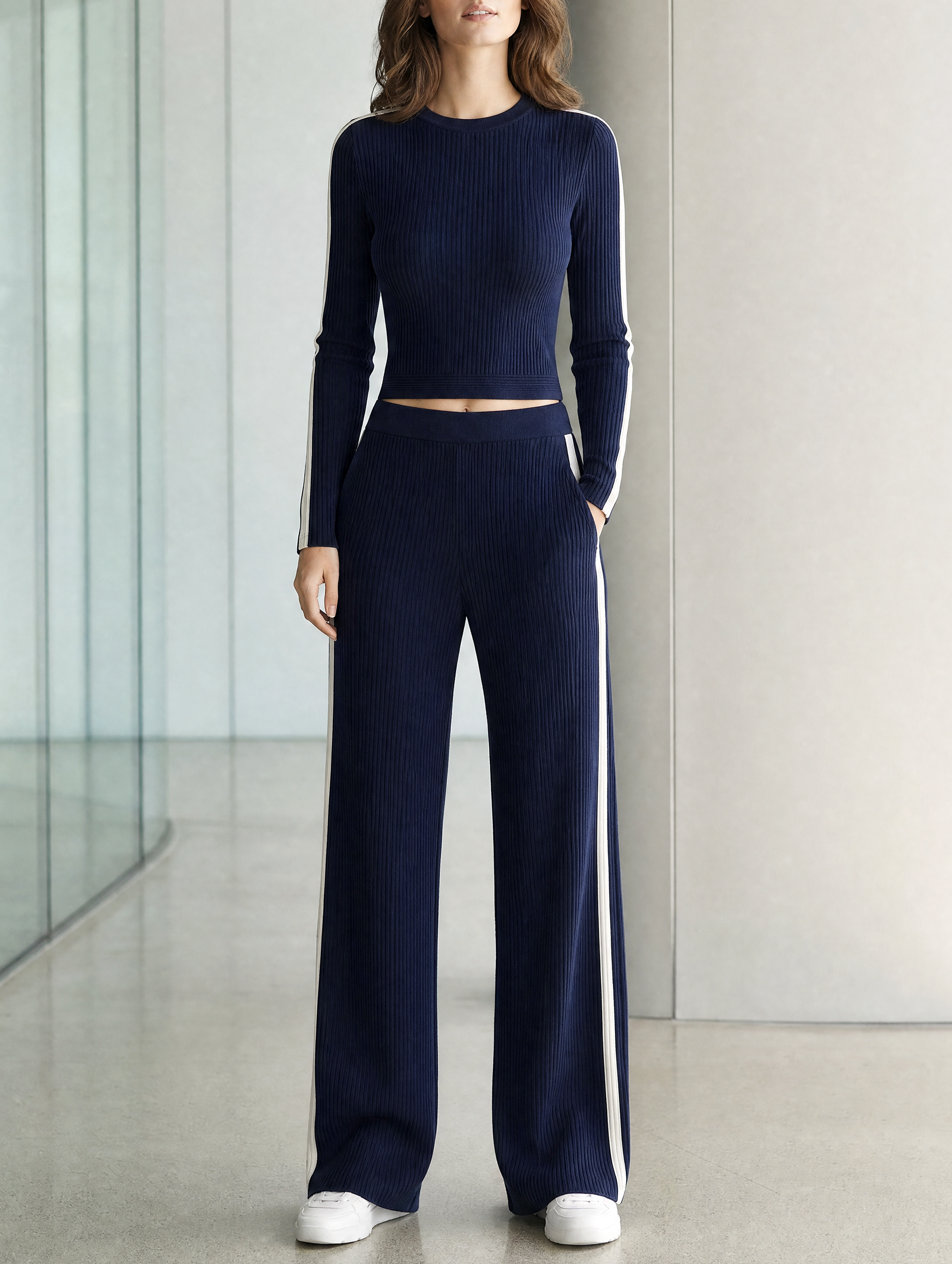 Navy Ribbed Color-block Top And Matching Trousers Set