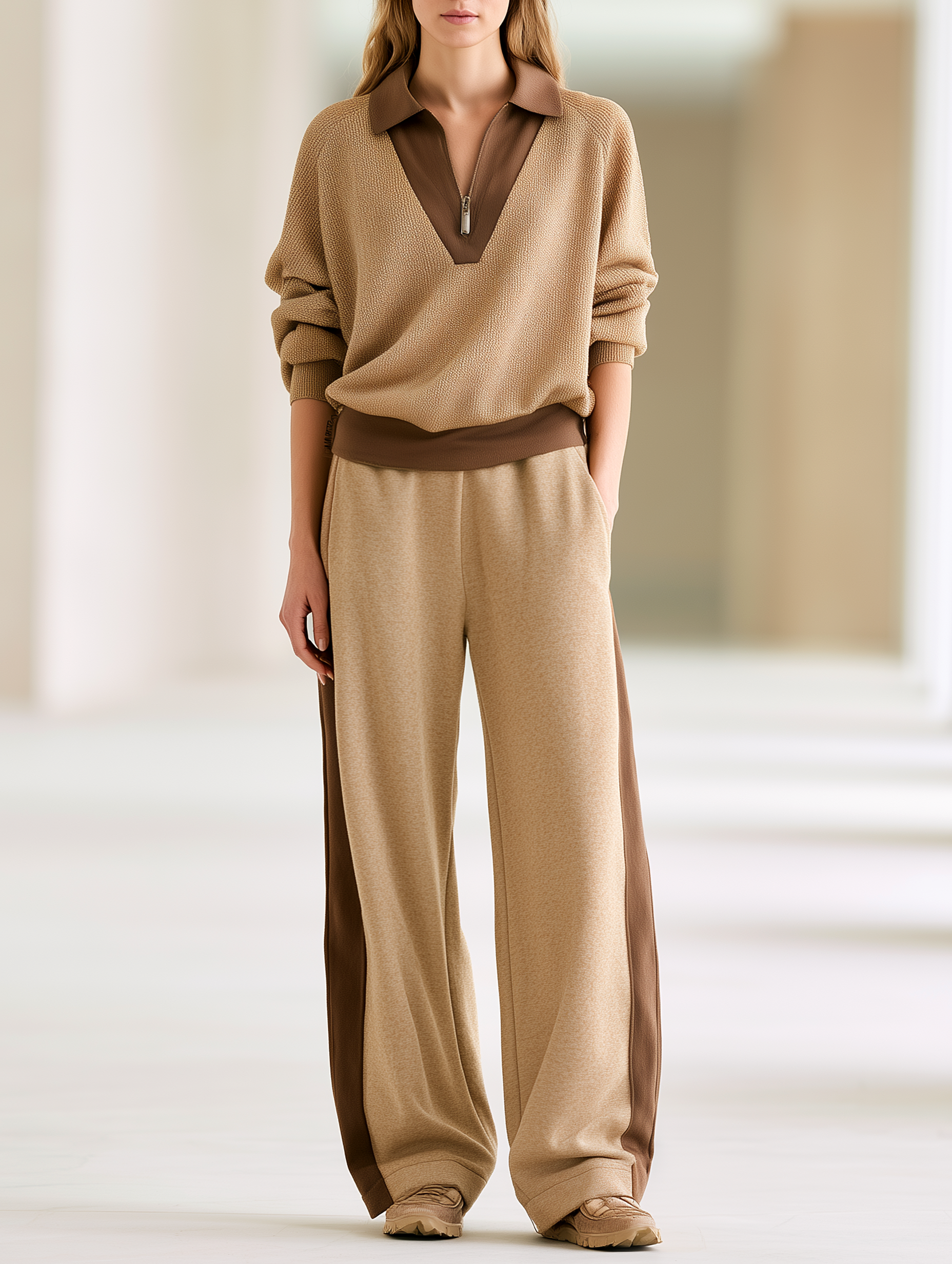 Caramel Half-Zip Knit Top And Color-Block Wide-Leg Pants Set