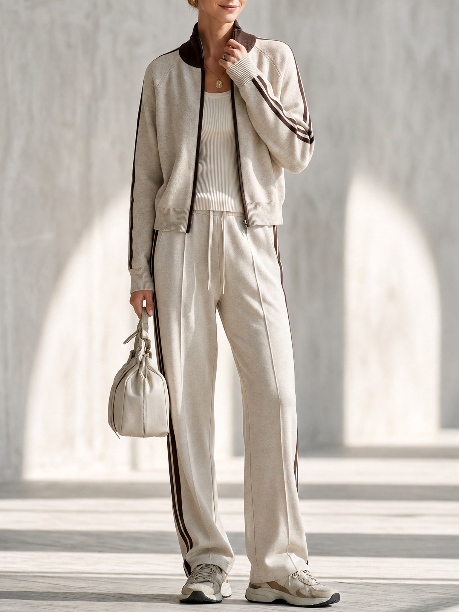 Oatmeal-colored Zip-up Knit Cardigan And Wide-leg Trouser Set