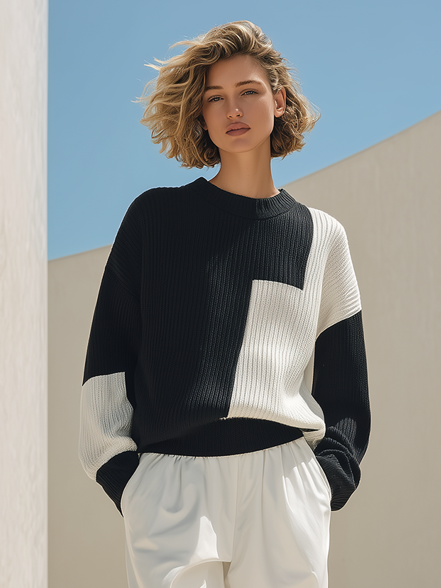 Stylish And Casual Black-and-white Color-block Crew-neck Sweater