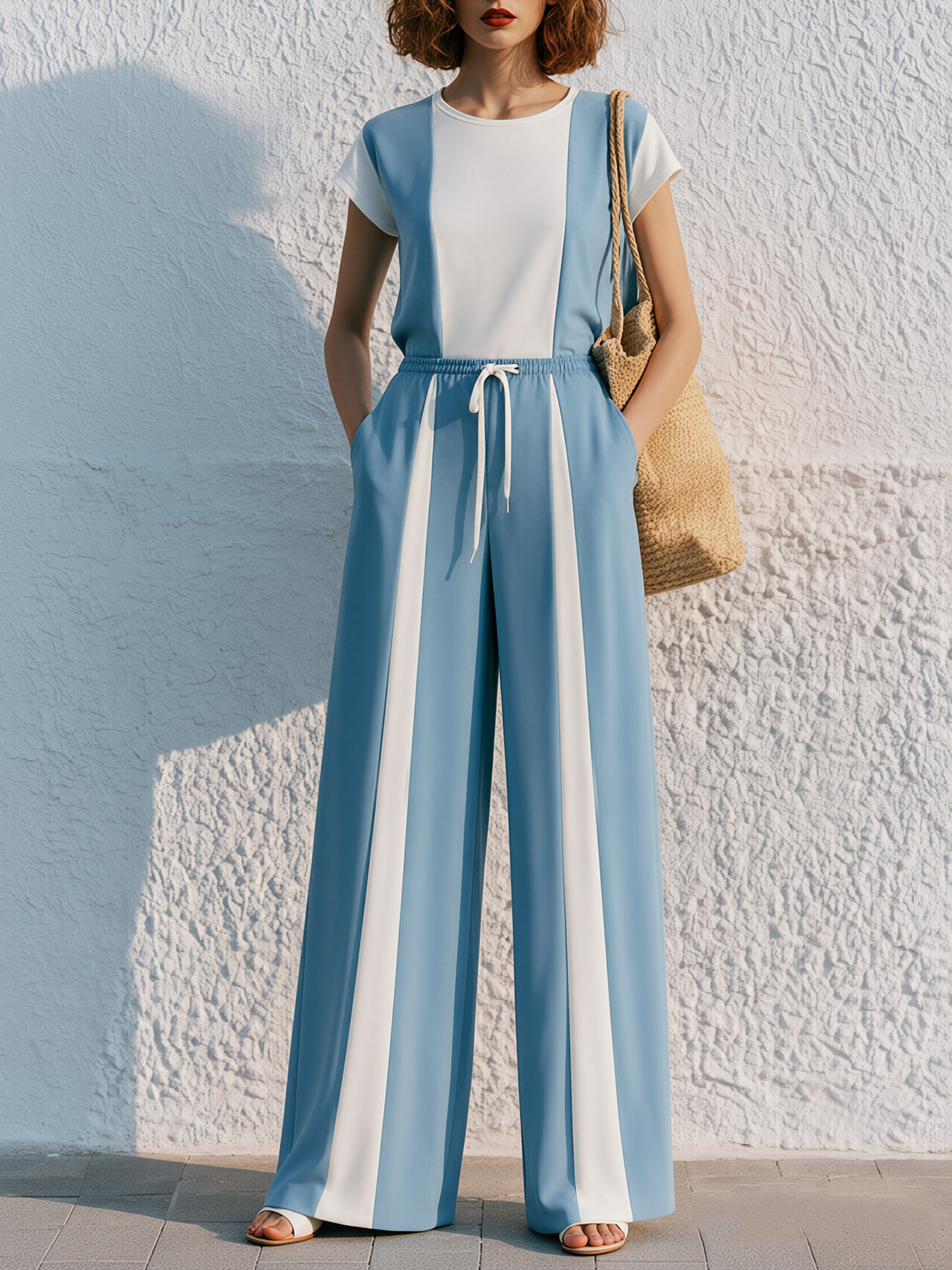 Light Blue Color-block Short-sleeved Crew-neck Top And Wide-leg Trousers Set