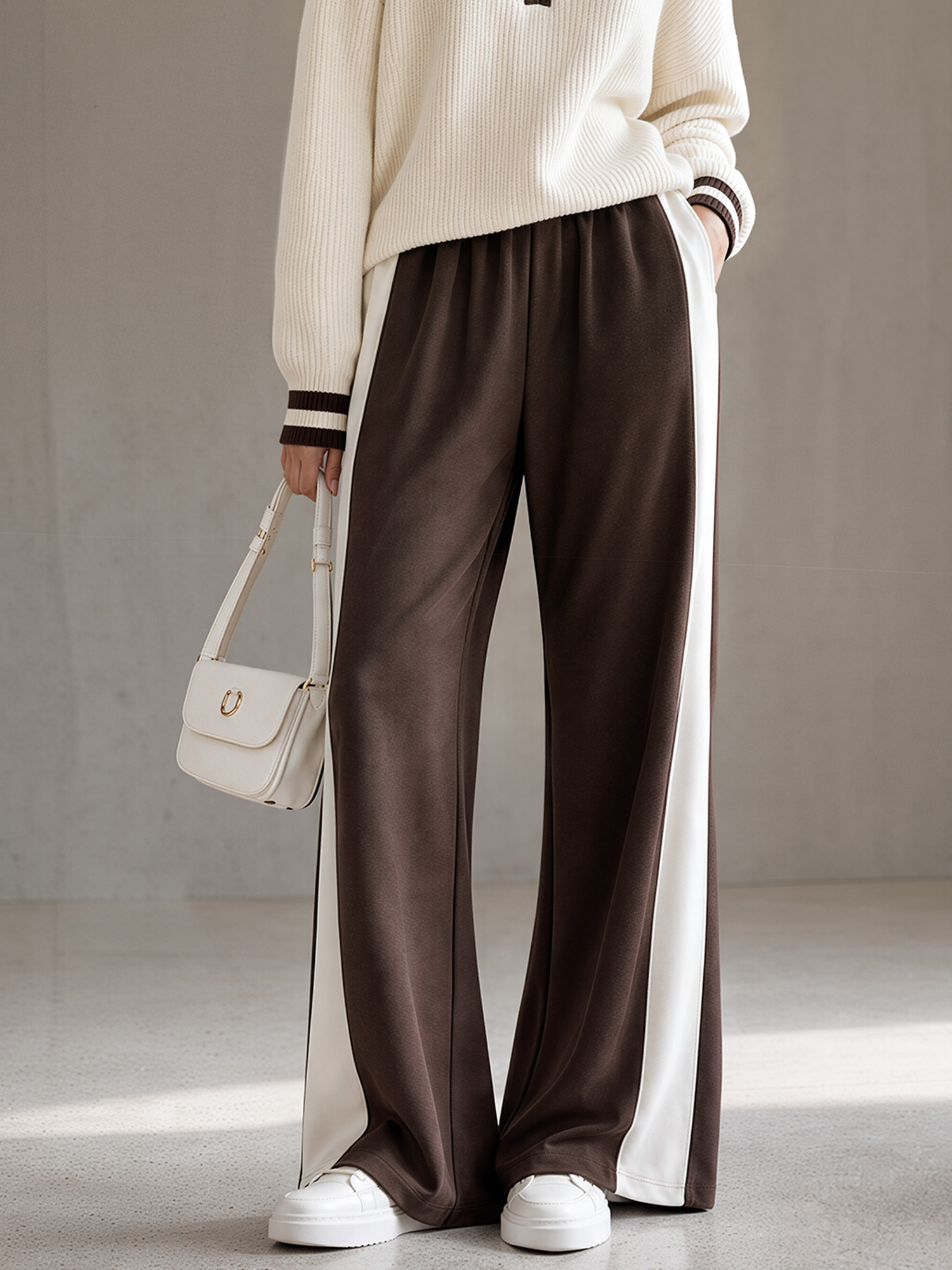 Stylish Casual Wide-Leg Pants In Brown With White Stripe Accents