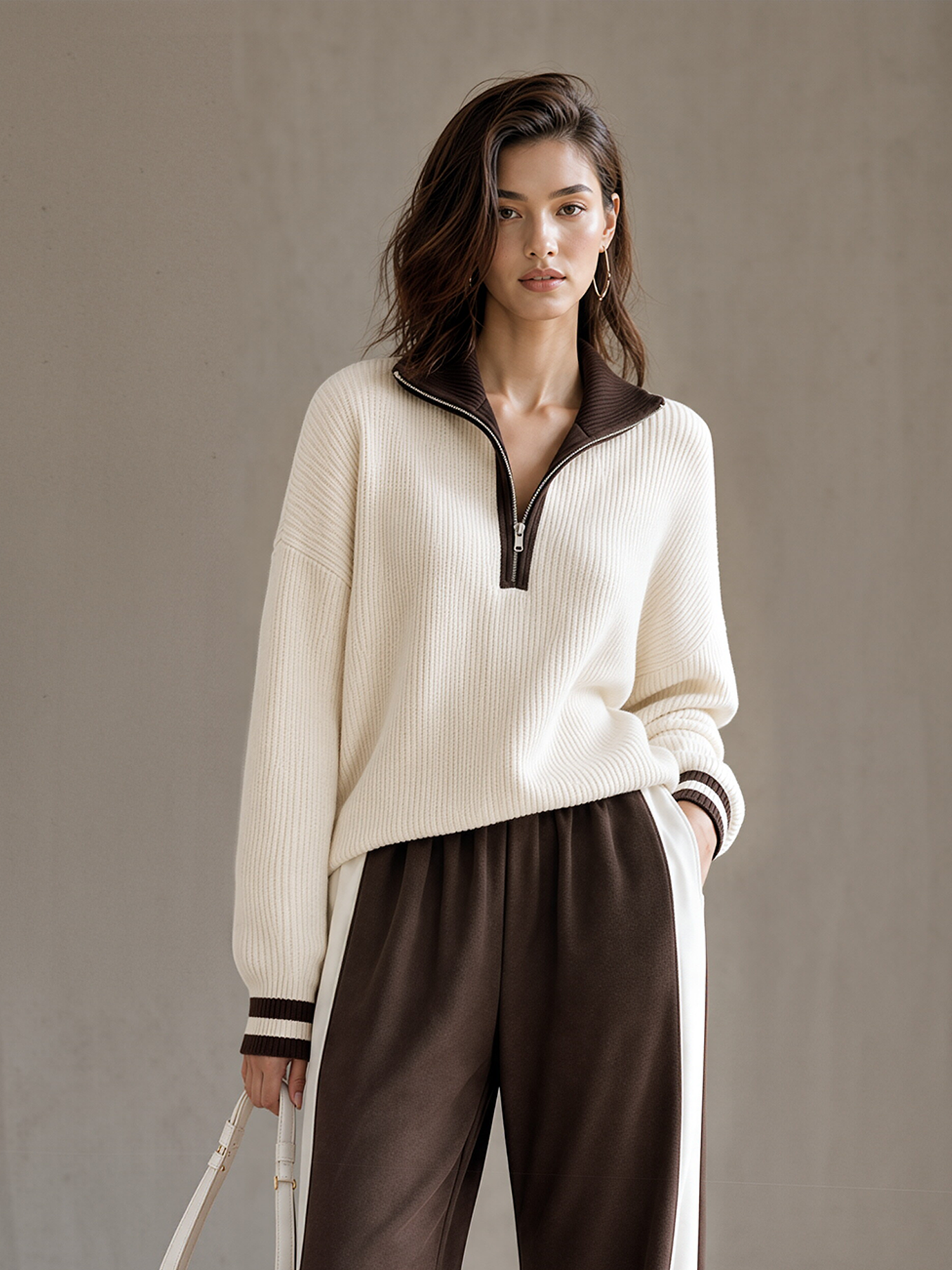 Premium Casual Off-White Half-Zip Knit Top With Contrast Details