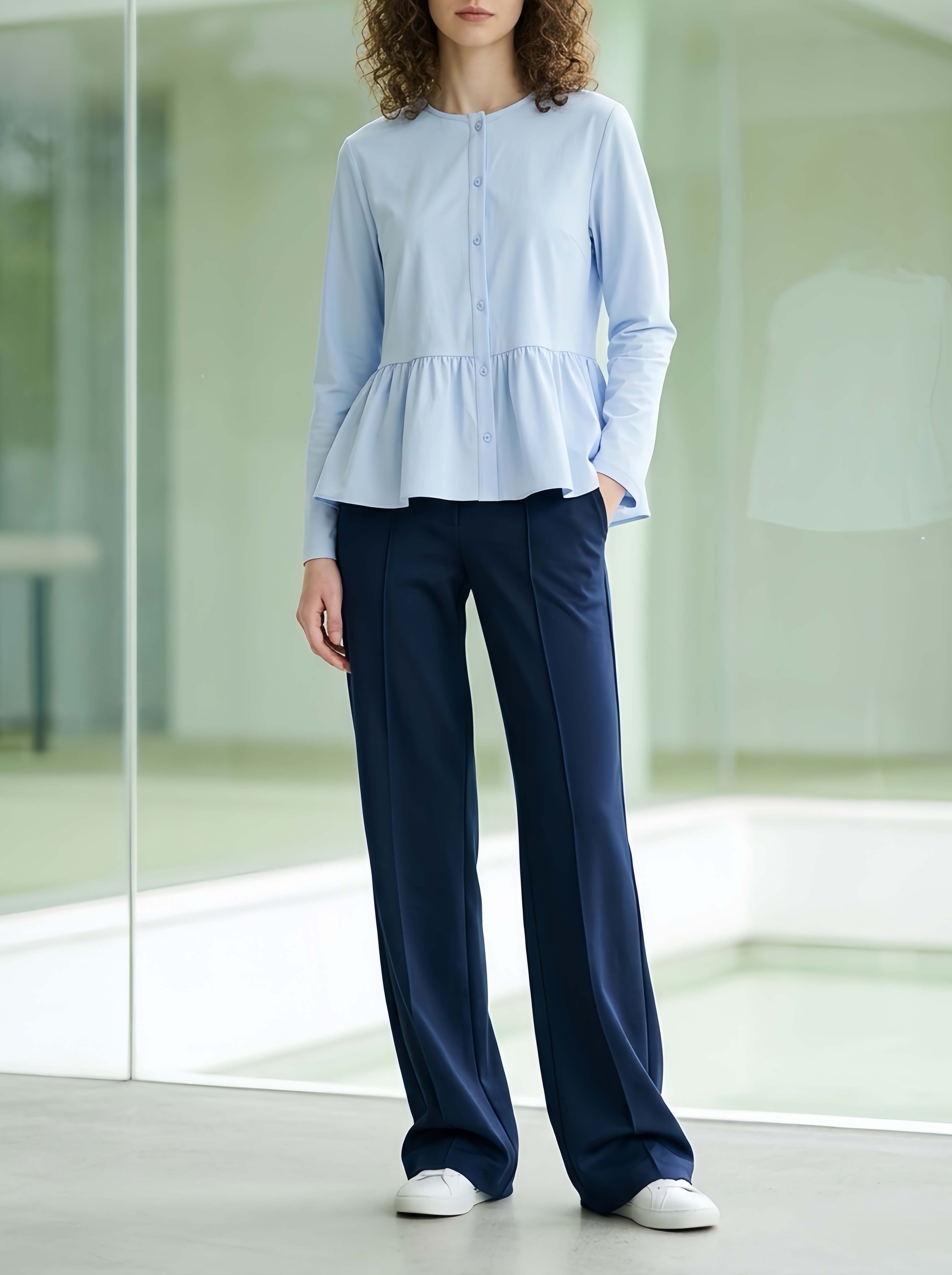 Minimalist And Stylish Light Blue Long-sleeved Top And Navy Blue Trousers Set