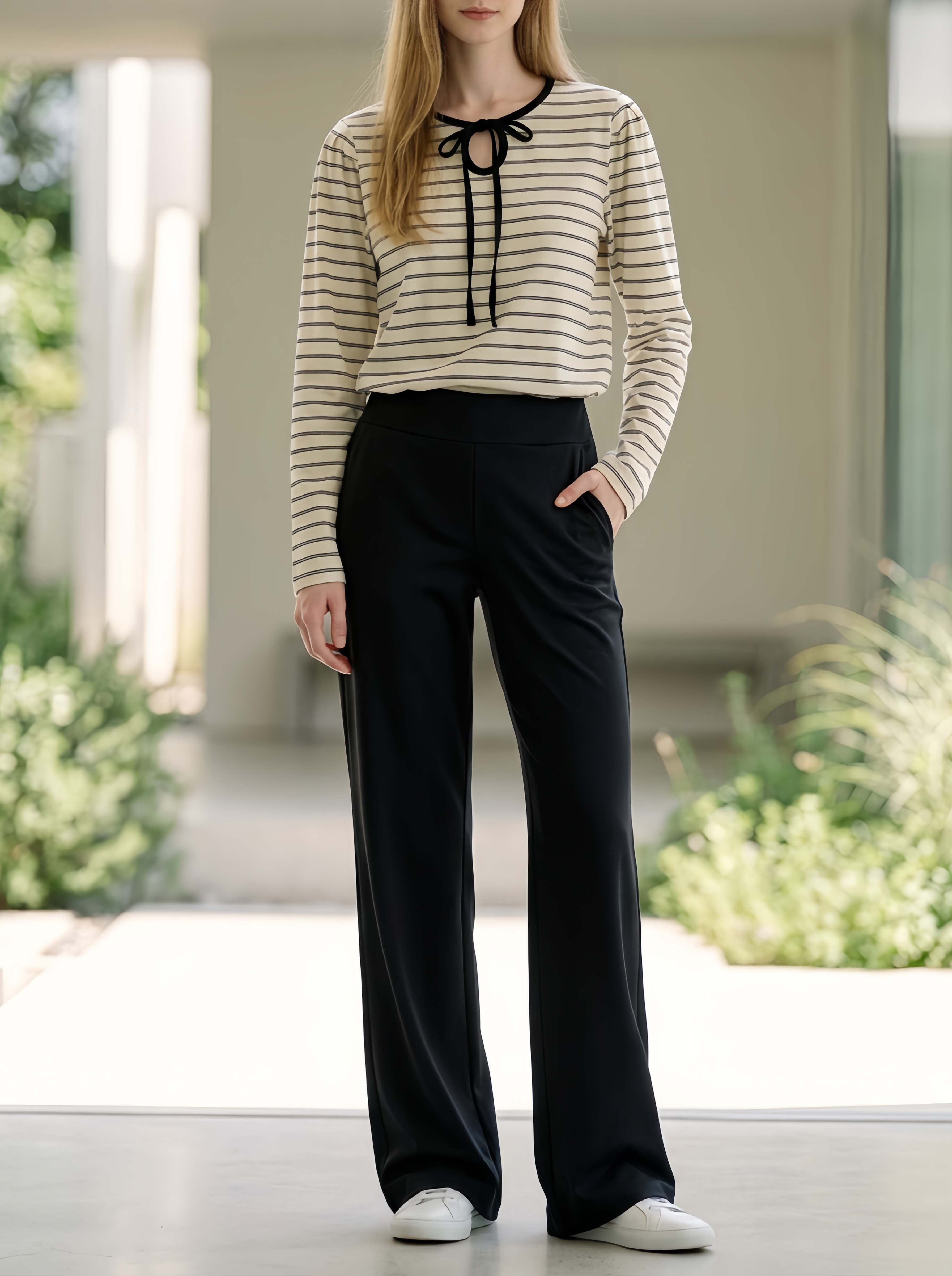 Stylish Casual Black And White Striped Long-Sleeve Tie-Front Top And Pants Set