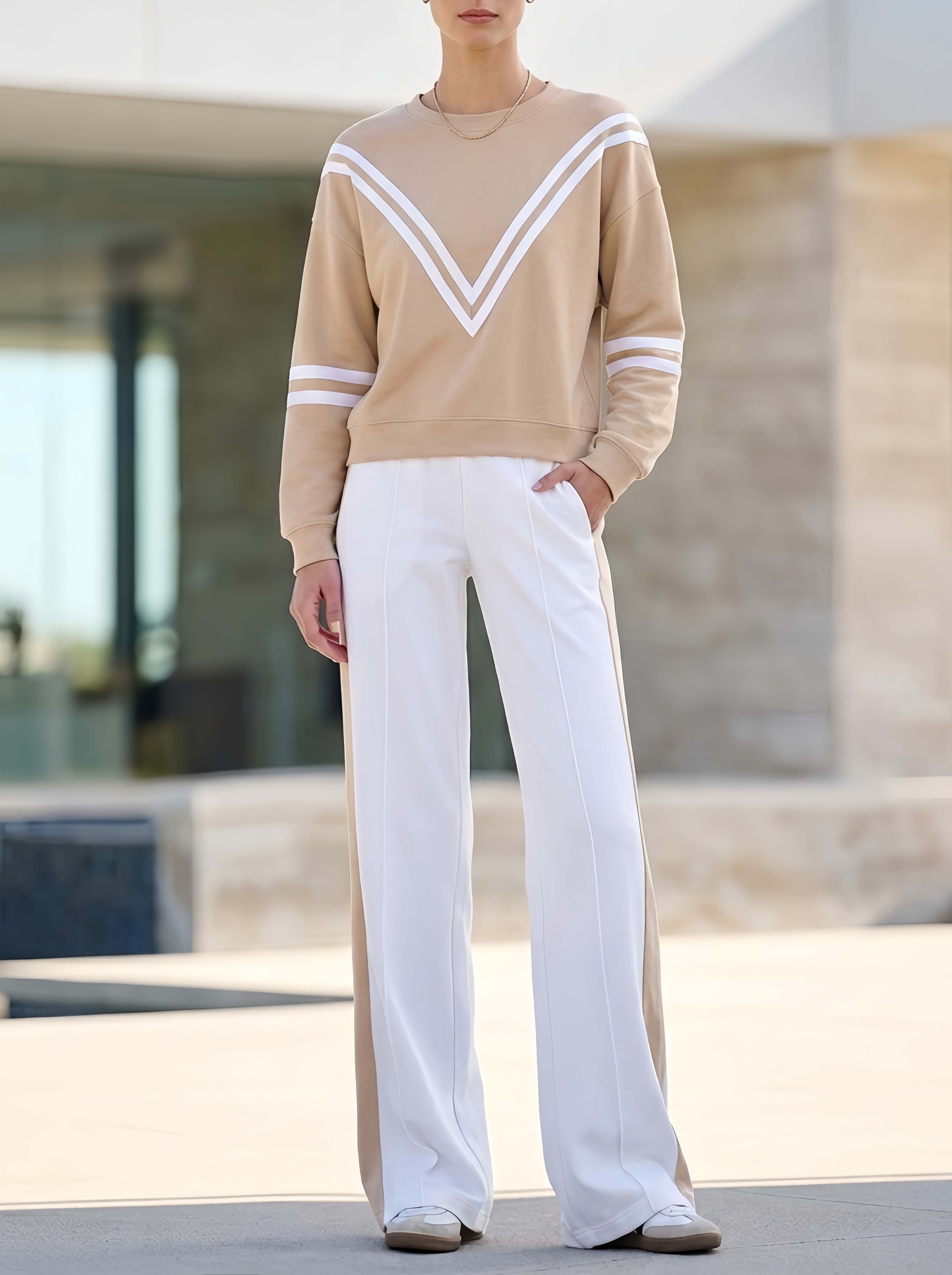 Stylish And Minimalist Khaki Striped Long-sleeve Top And White Color-block Trousers Set