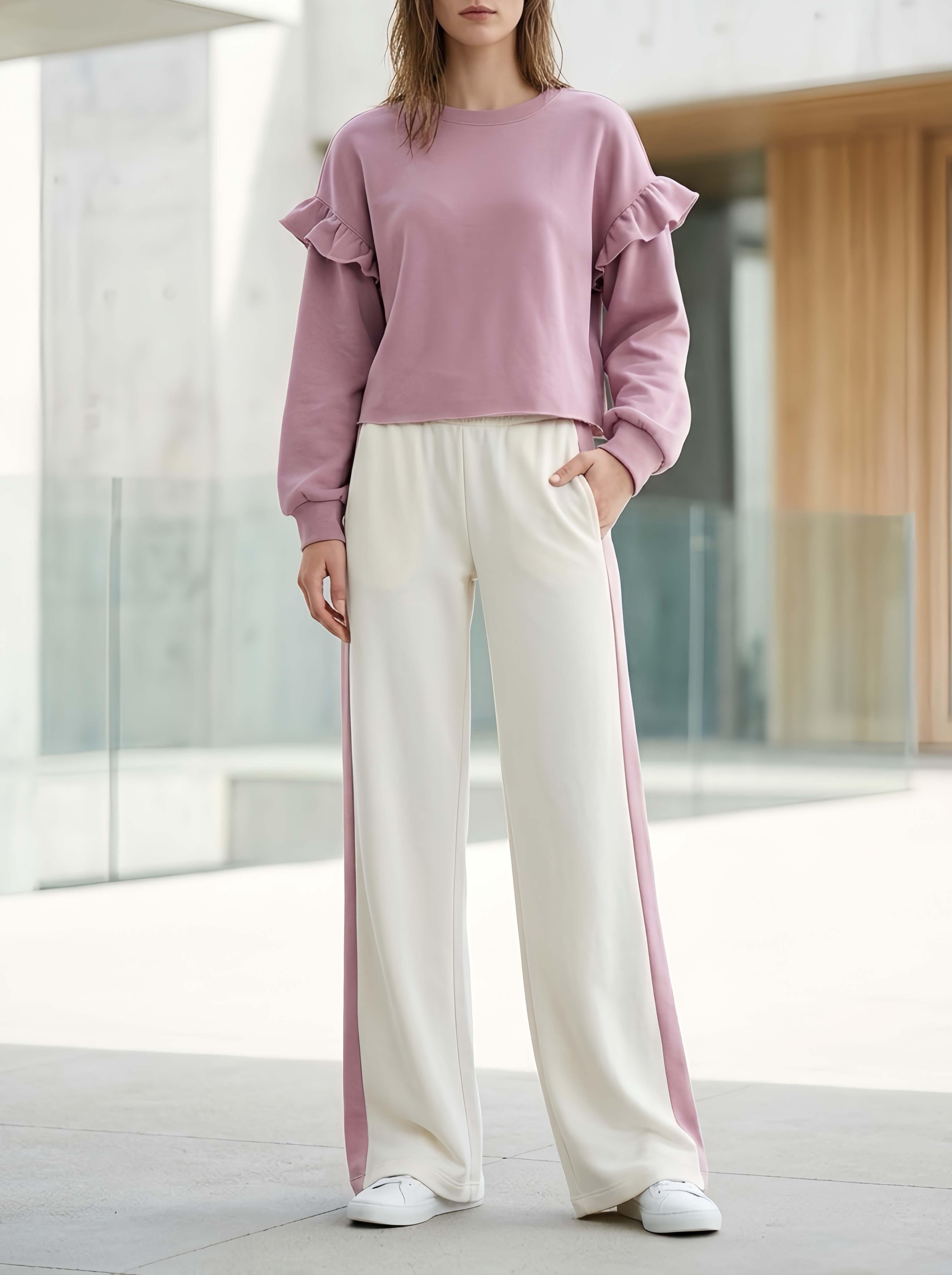 Stylish Casual Pink Ruffled Long-Sleeve Top And White Color-Block Trousers Set