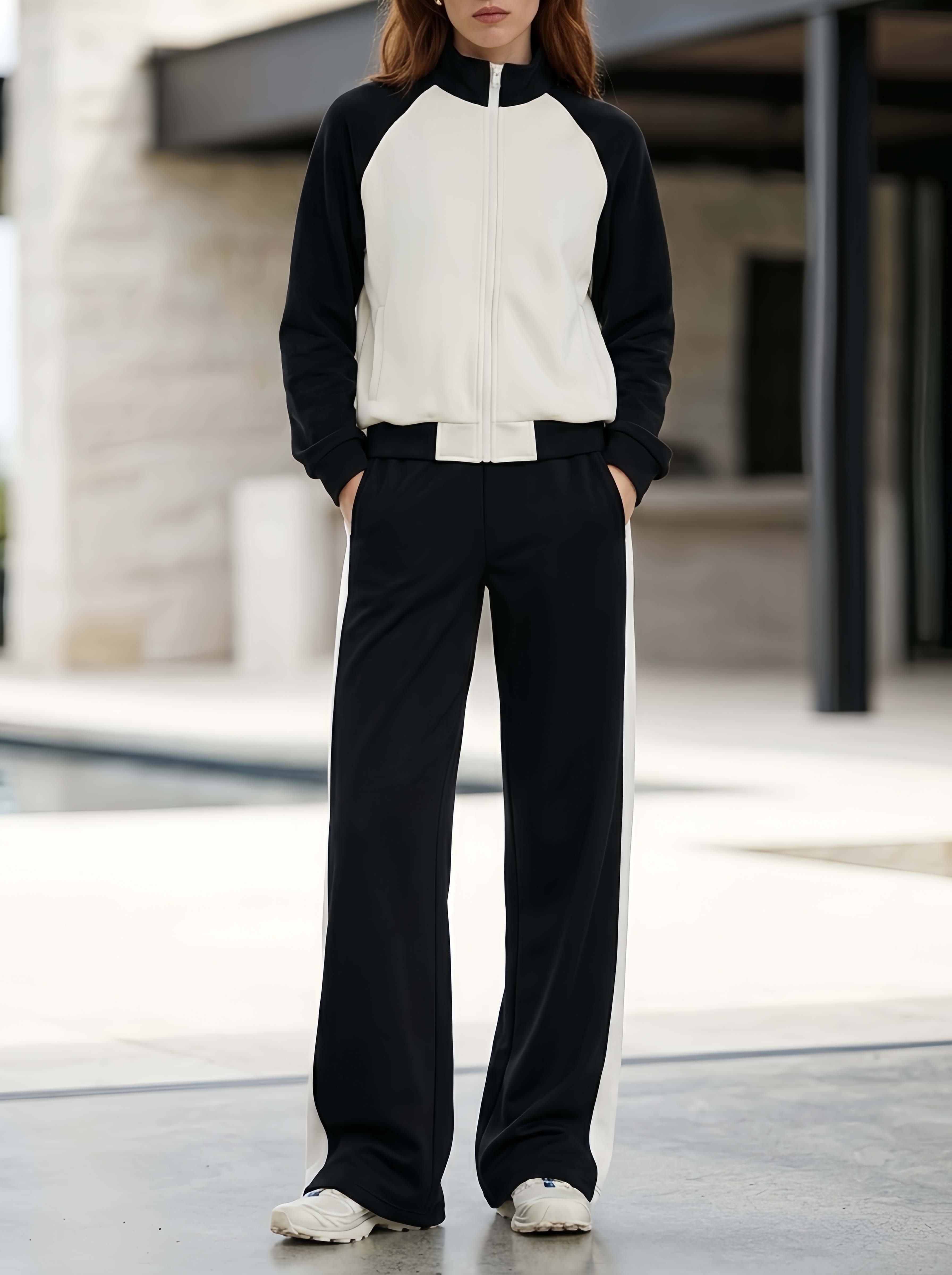 Stylish And Minimalist Black-and-white Color-block Long-sleeve Jacket And Trousers Set