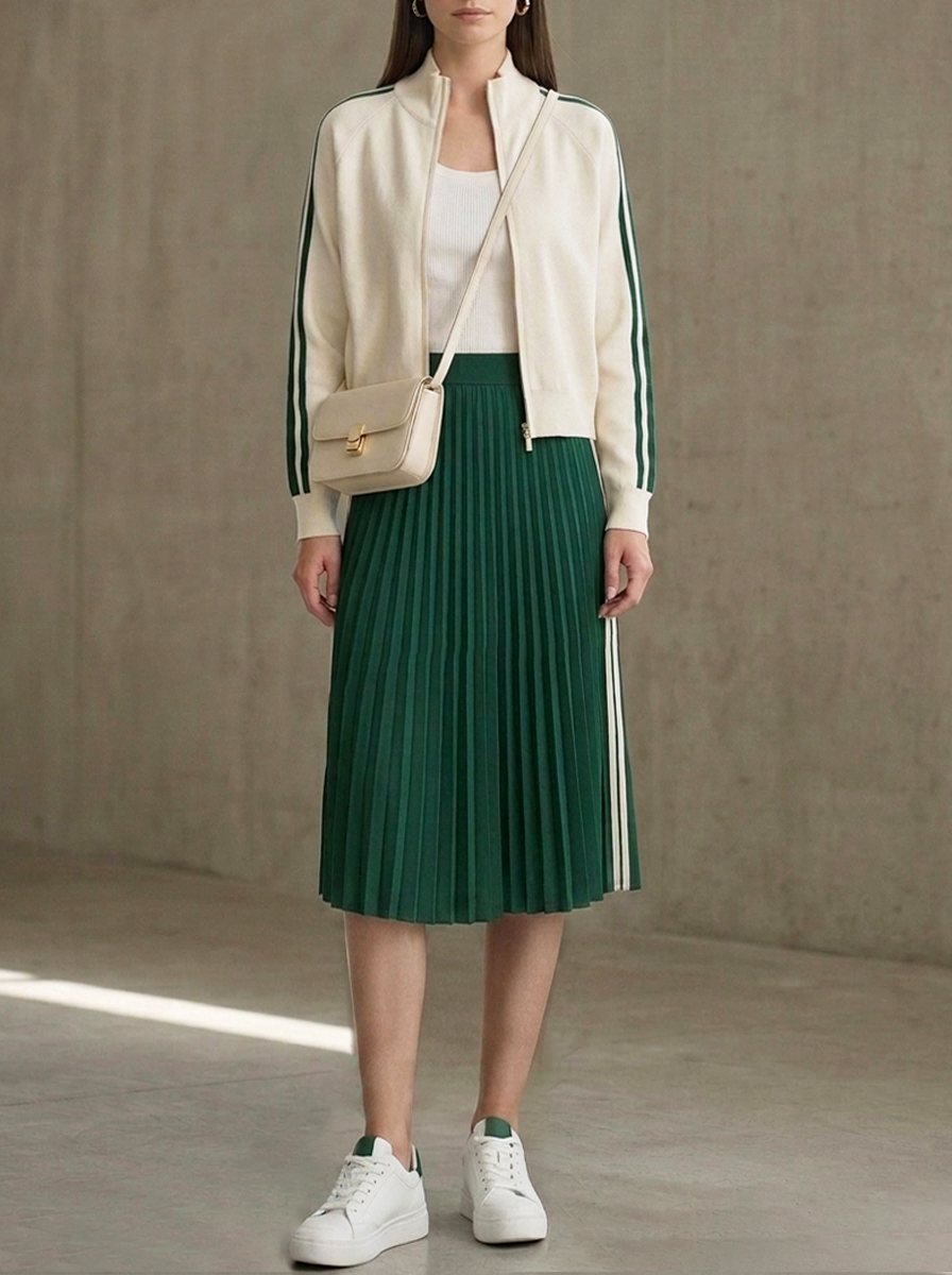 Beige Color-block Knit Jacket And Green Pleated Skirt Set