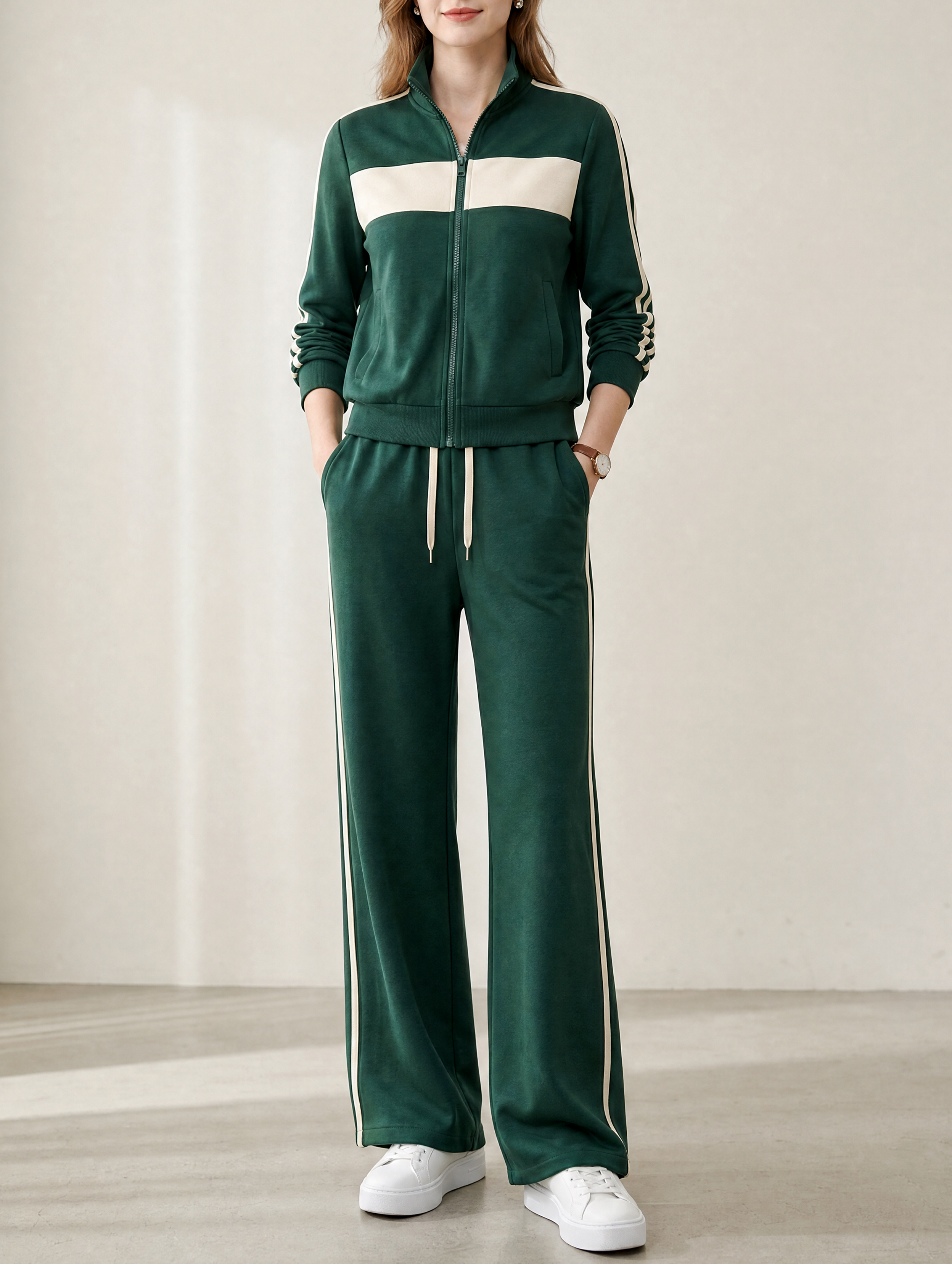 Dark Green Color-block Zip-up Jacket And Contrasting Wide-leg Trousers Set