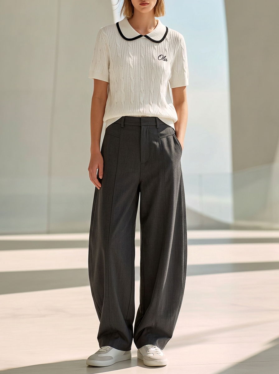 Off-white Knit Top And Dark Gray Wide-leg Tailored Trousers Set