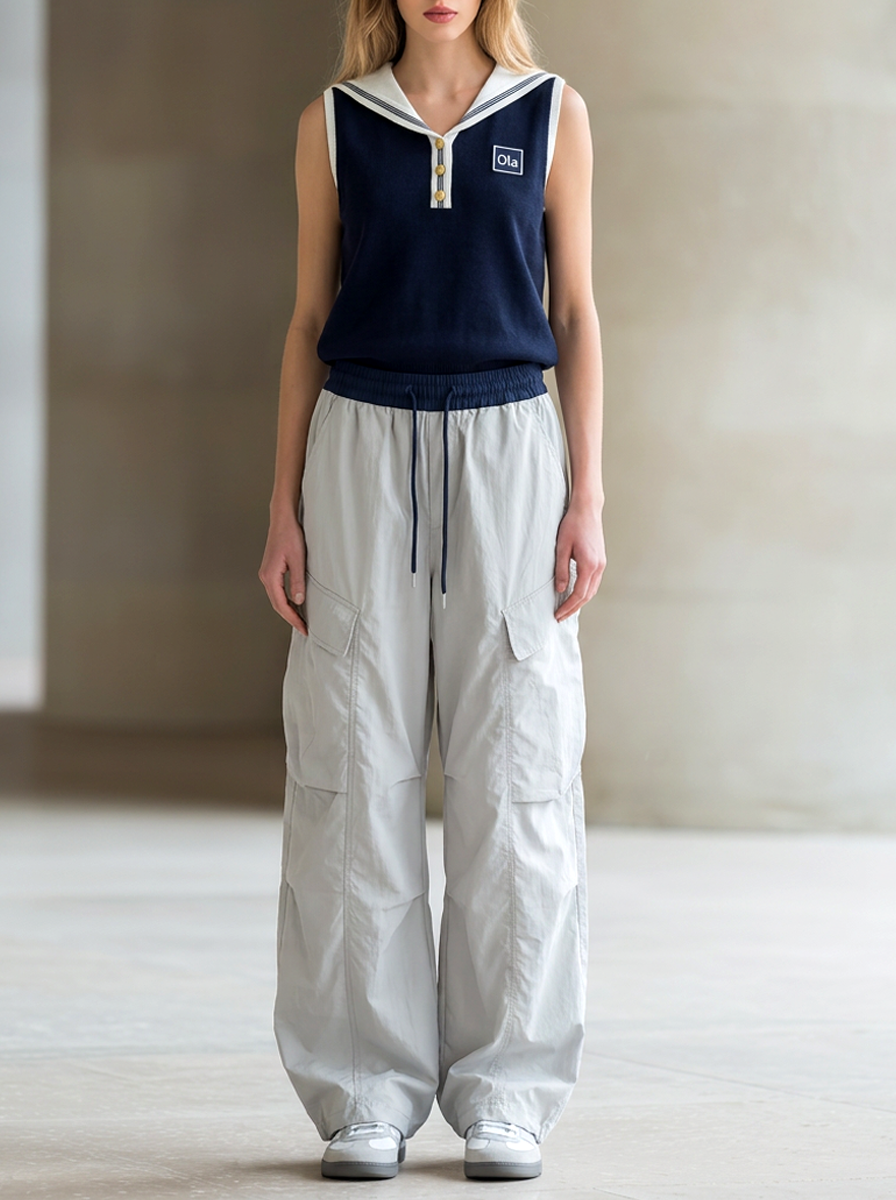 Navy Sailor-collar Top And Light Gray Wide-leg Utility Trousers Set