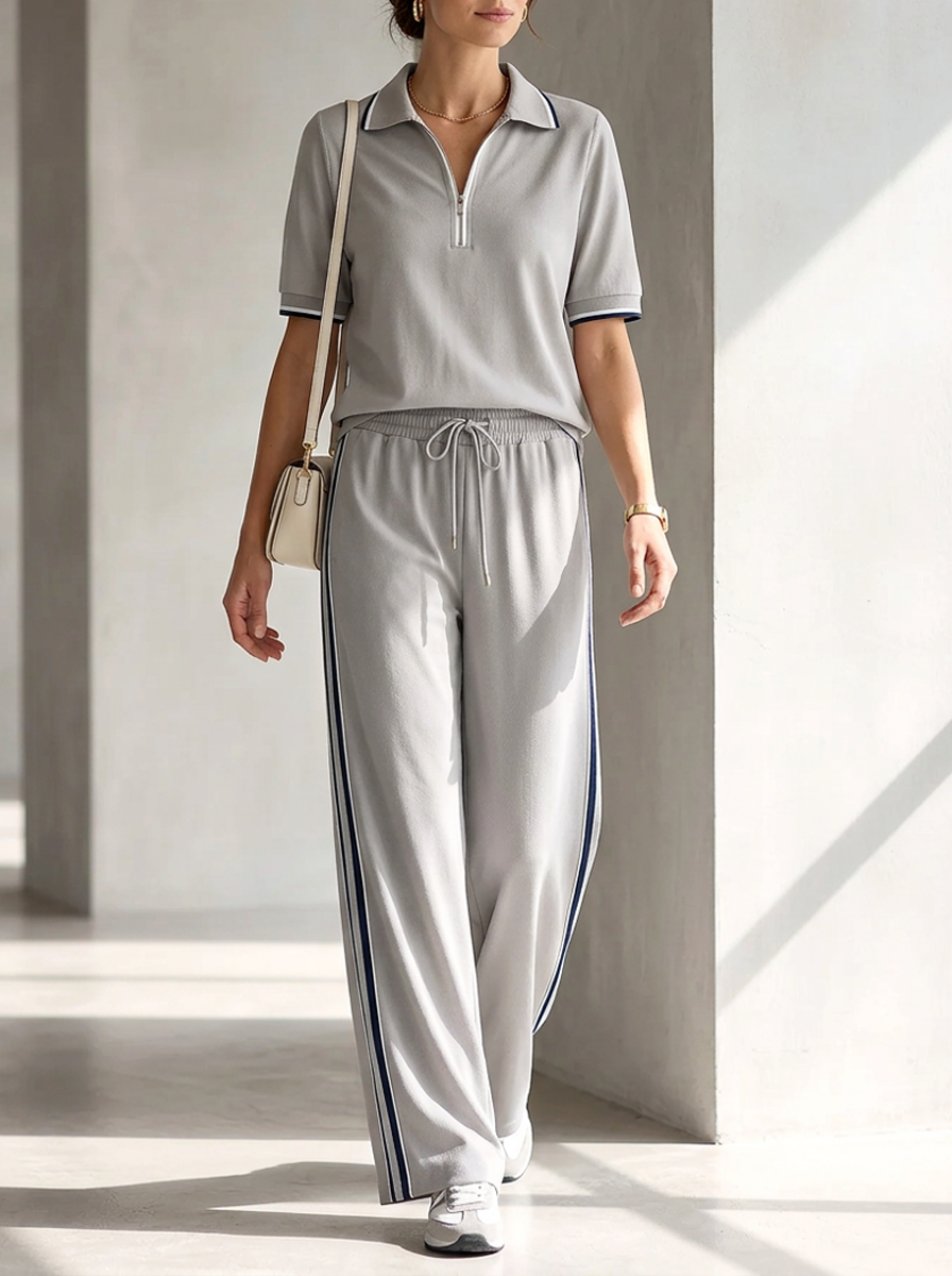 Light Gray Half-zip Short-sleeve Top And Draped-fit Sweatpants Set