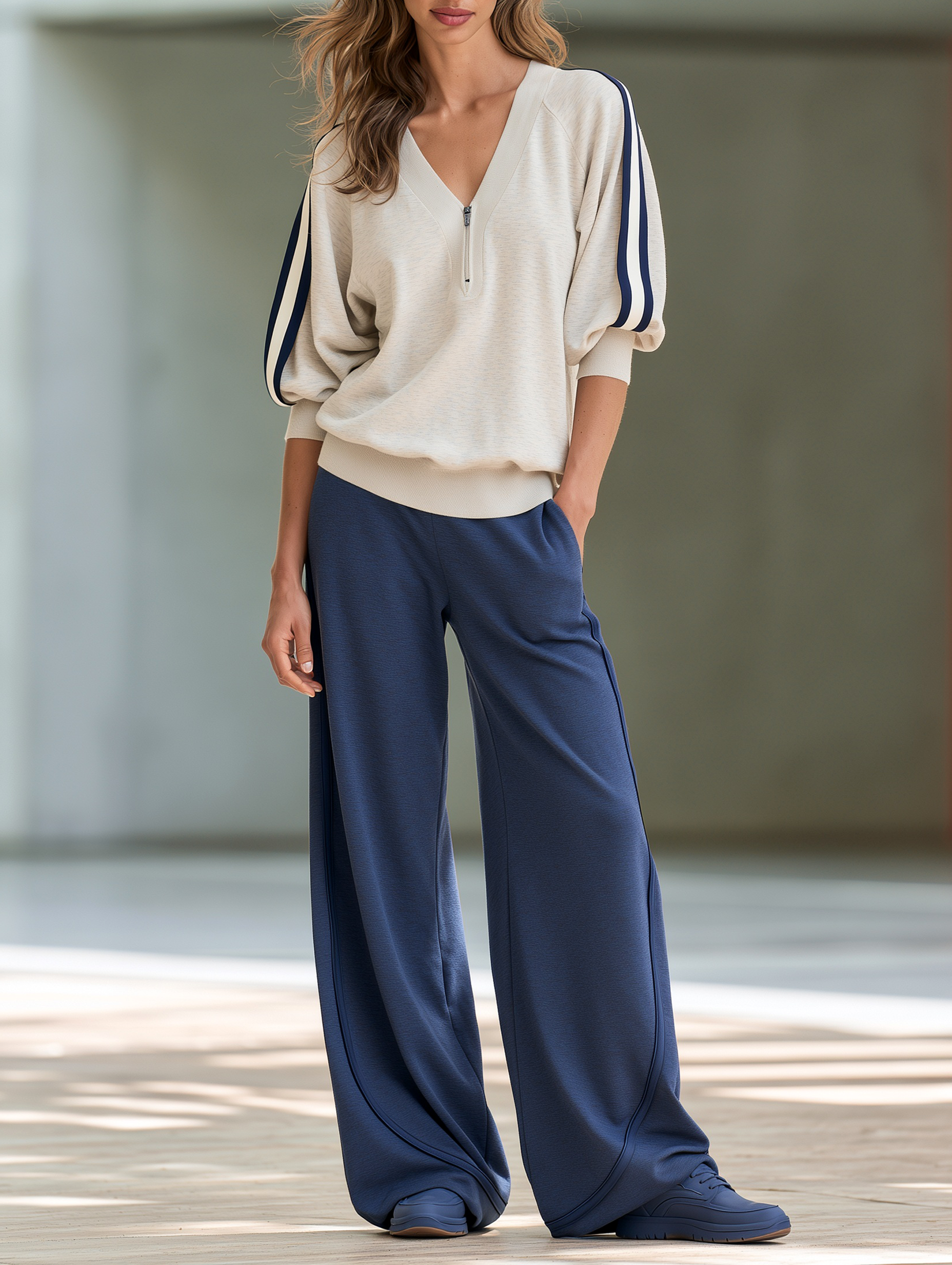 Beige-grey V-neck Puff-sleeve Top And Navy Straight-leg Trousers Set